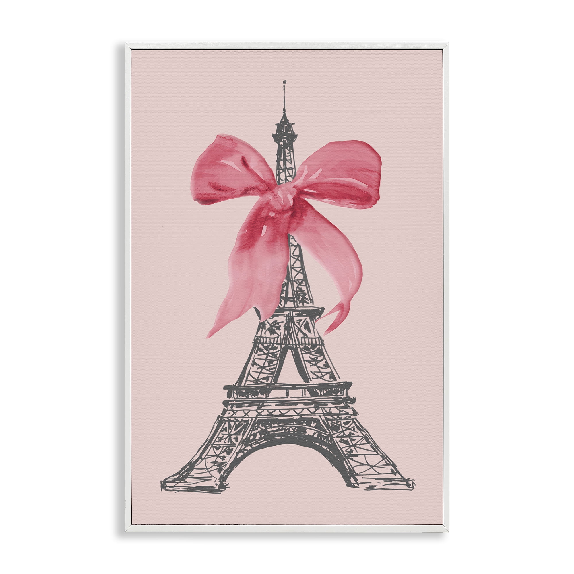 Stupell Industries Pink Bow on Eiffel Tower Buildings & Architecture Painting White Framed Art Print Wall Art, 20 x 30