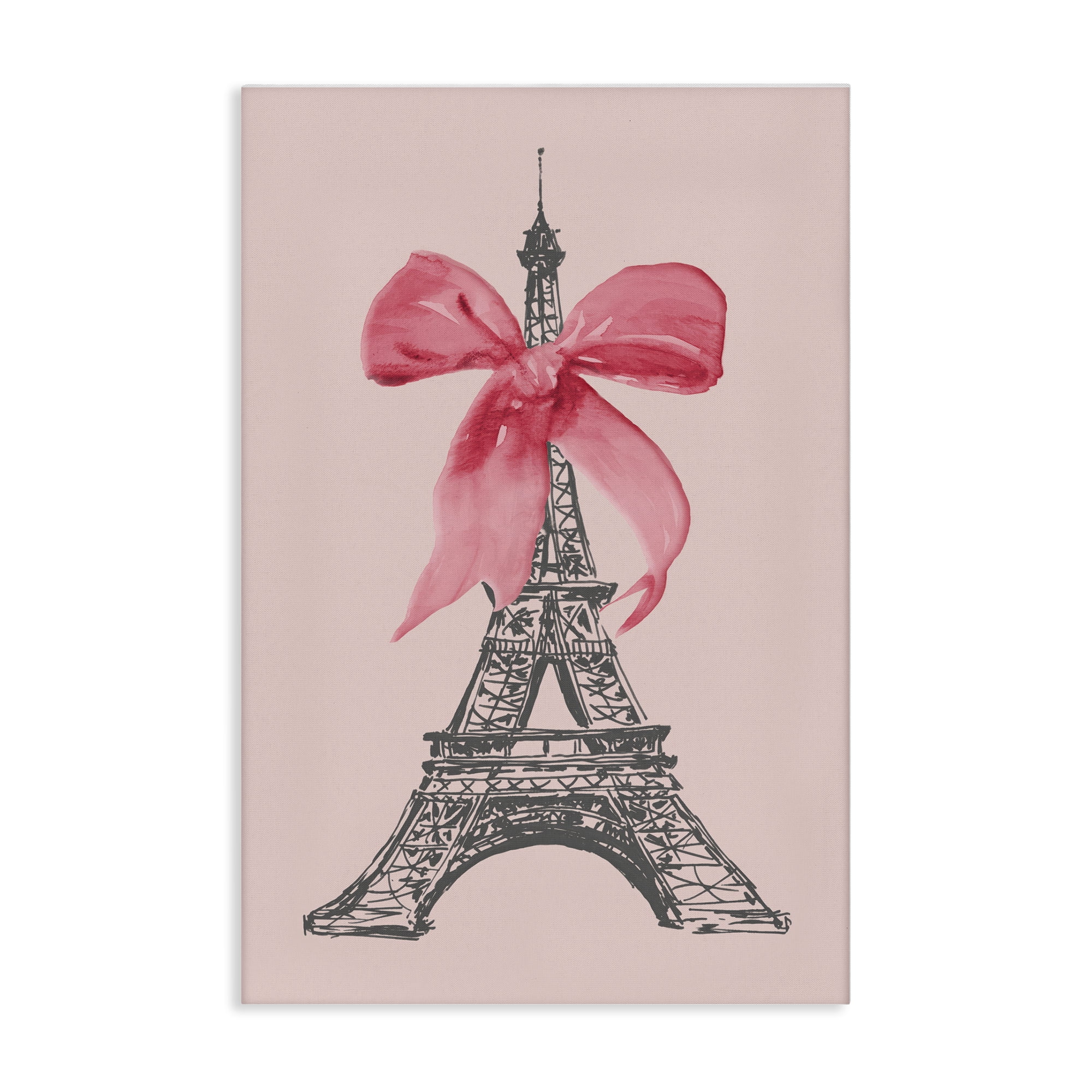 Stupell Industries Pink Bow on Eiffel Tower Buildings & Architecture Painting Wrapped Canvas Art Print Wall Art, 20 x 30