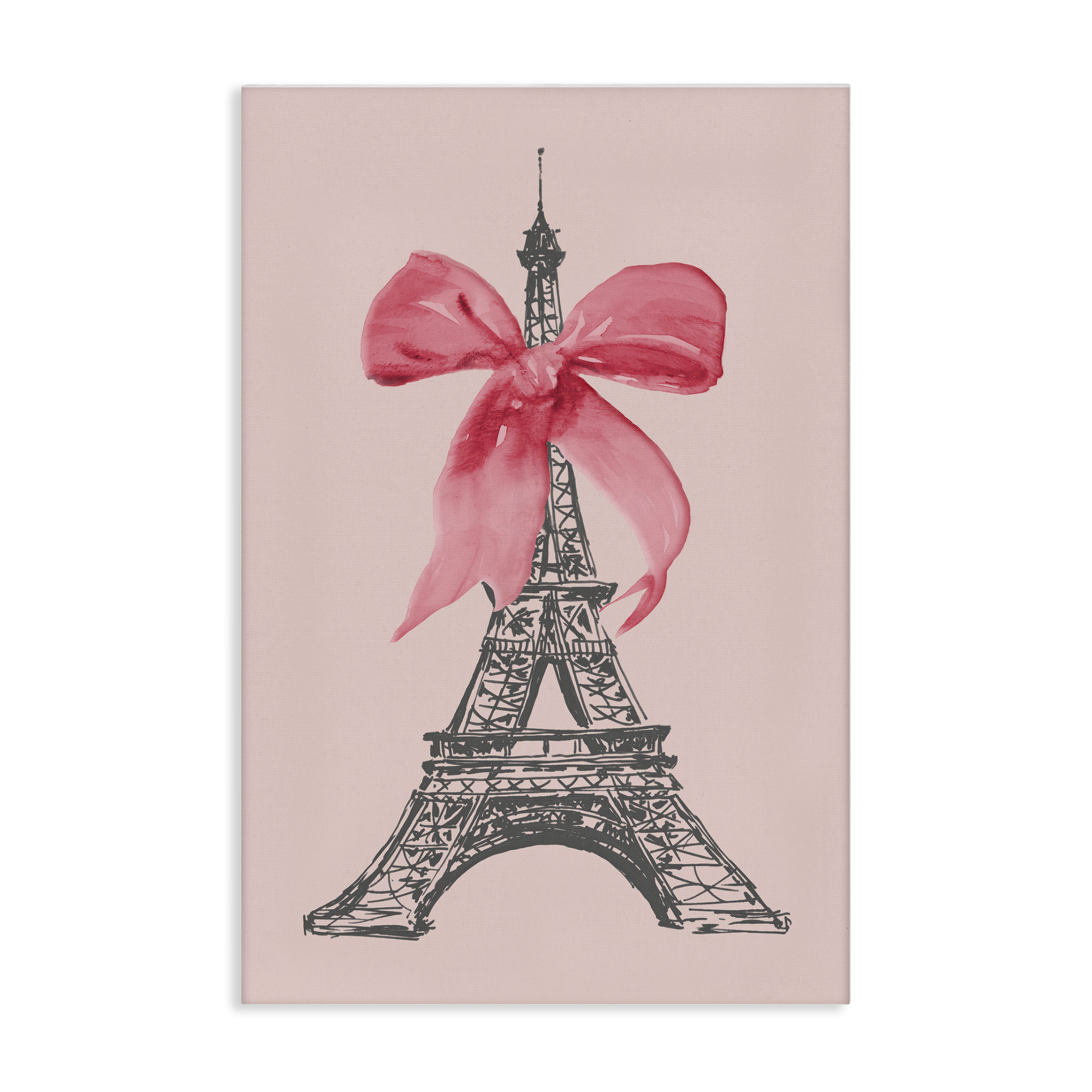 Stupell Industries Pink Bow on Eiffel Tower Buildings & Architecture Painting Wrapped Canvas Art Print Wall Art, 30 x 45