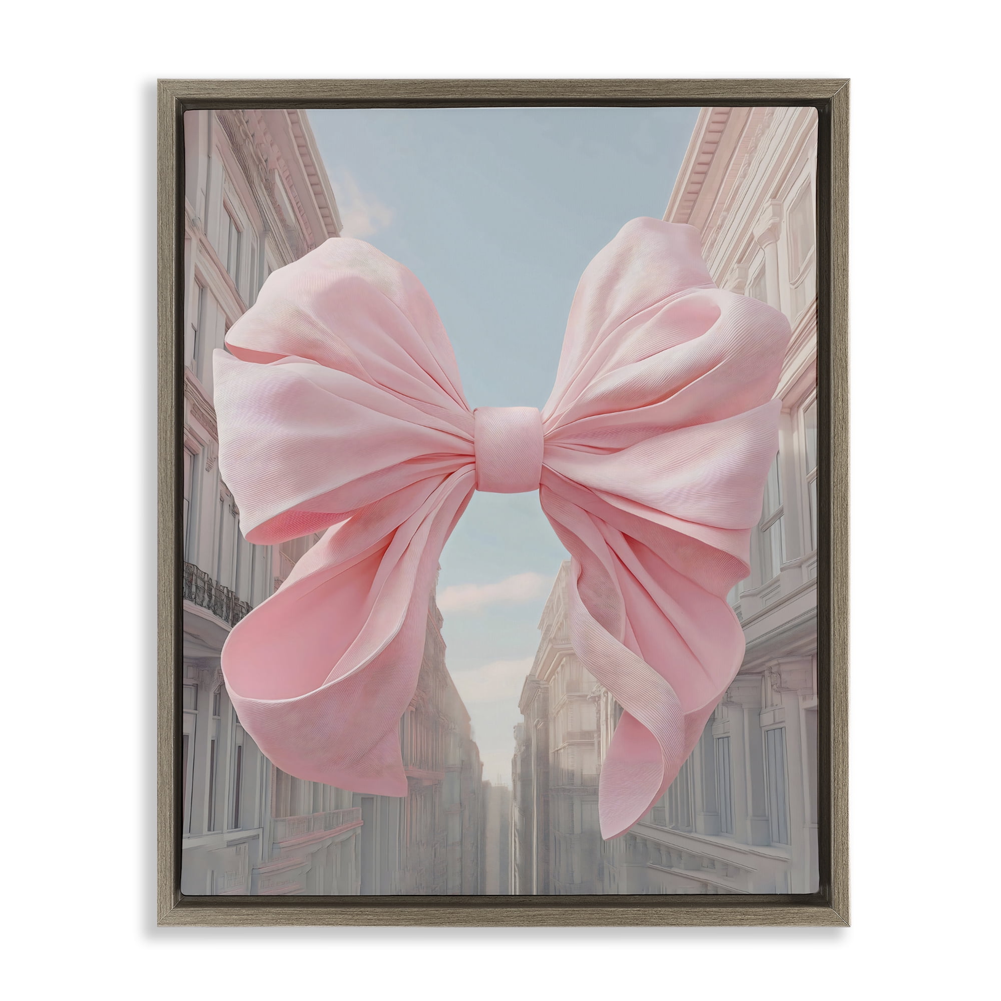 Stupell Industries Pink Bow over City Street Brown Framed Floater Canvas Wall Art, design by The Prints Vibe