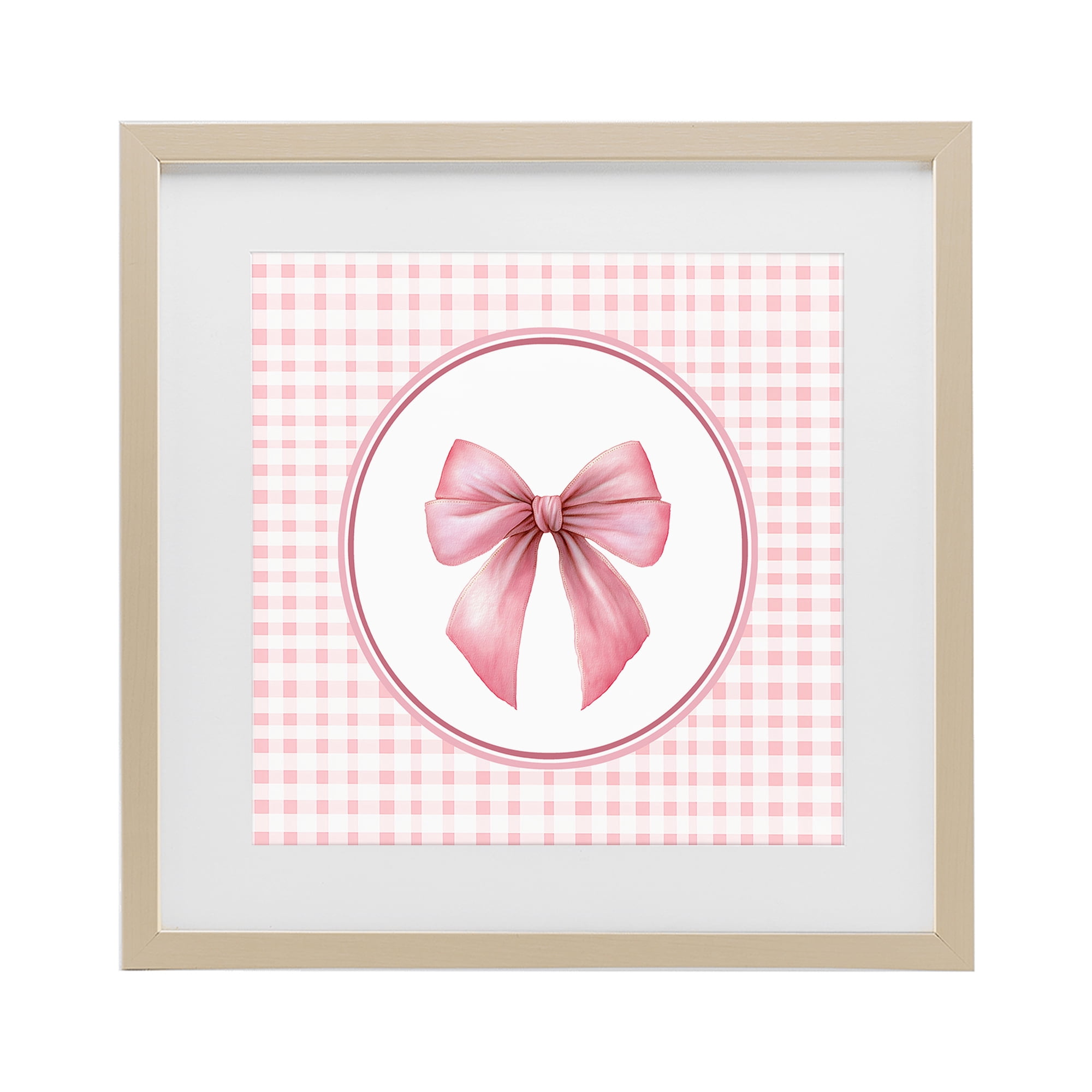 Stupell Industries Pink Bow with Circular Gingham Birch Framed Print Under Glass, design by Christine Simpson Art