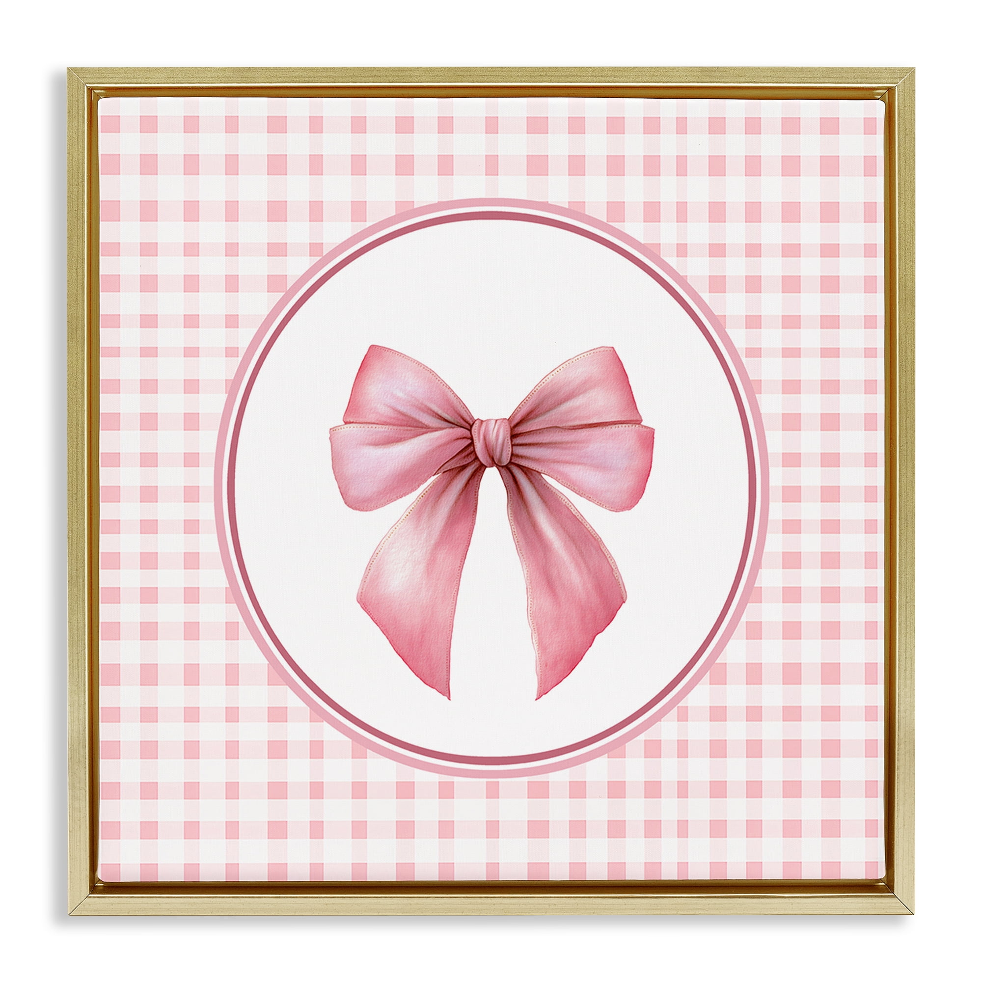 Stupell Industries Pink Bow with Circular Gingham Gold Framed Floater Canvas Wall Art, design by Christine Simpson Art