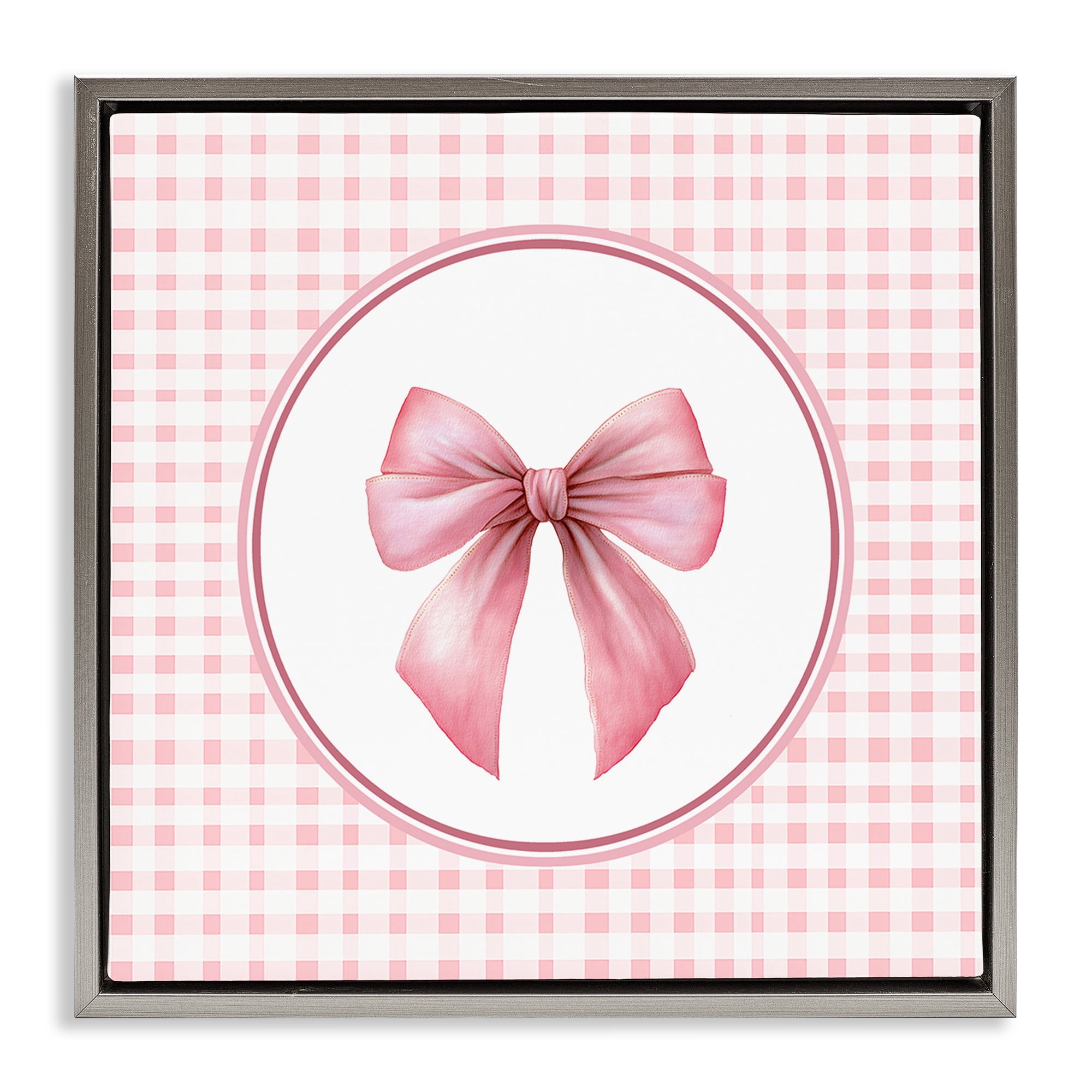 Stupell Industries Pink Bow with Circular Gingham Gray Framed Floater Canvas Wall Art, design by Christine Simpson Art