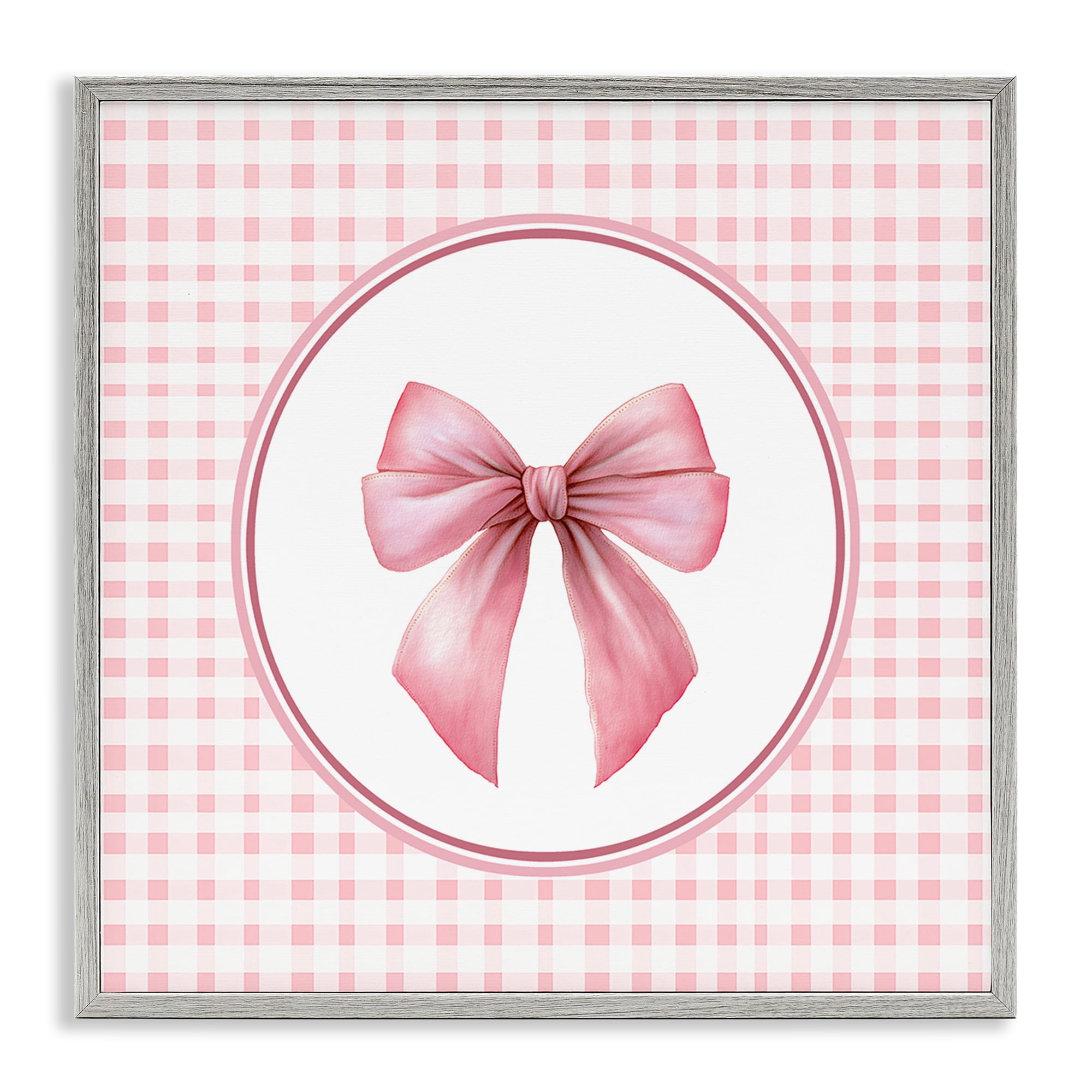 Stupell Industries Pink Bow with Circular Gingham Gray Framed Giclee Art, design by Christine Simpson Art