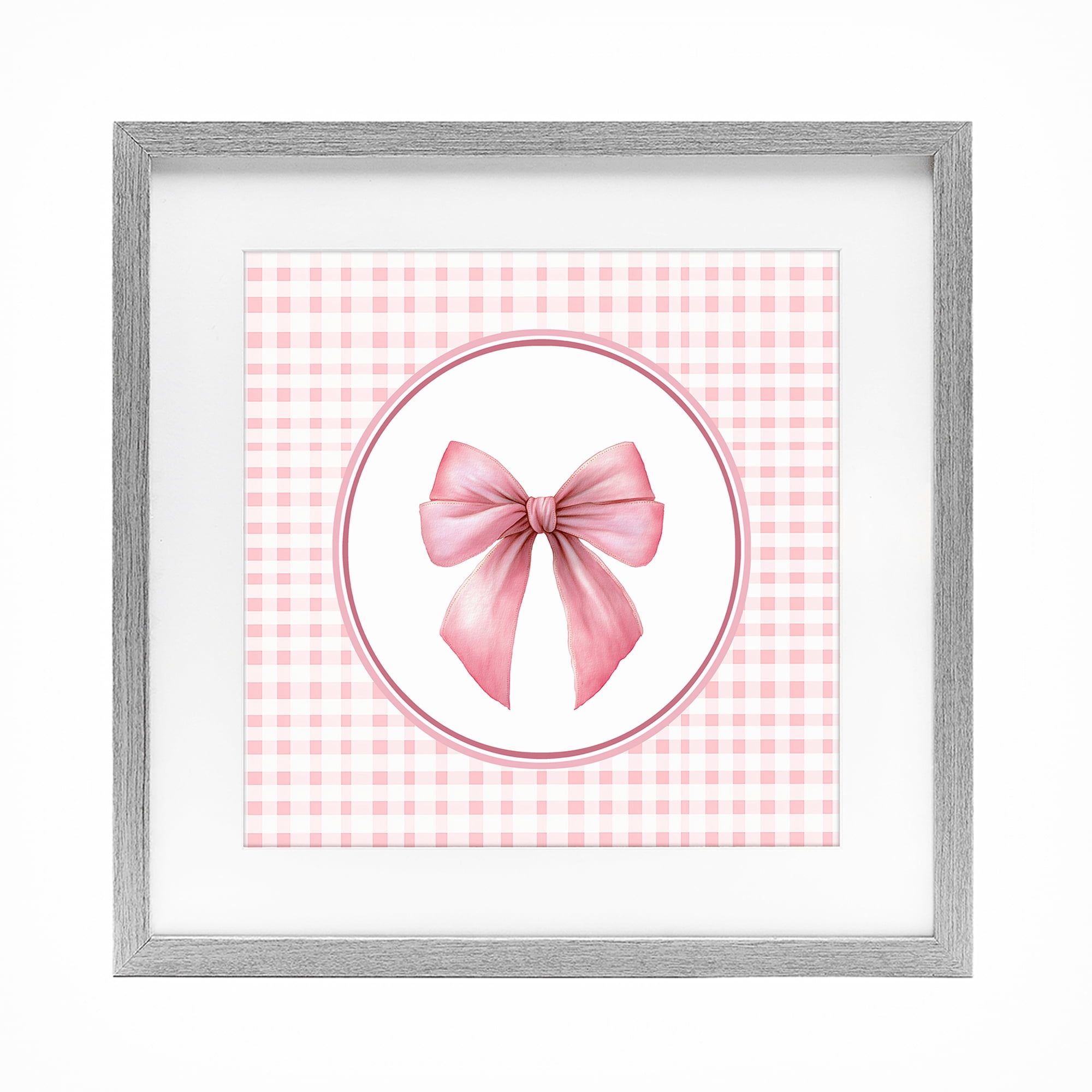 Stupell Industries Pink Bow with Circular Gingham Gray Framed Print Under Glass, design by Christine Simpson Art