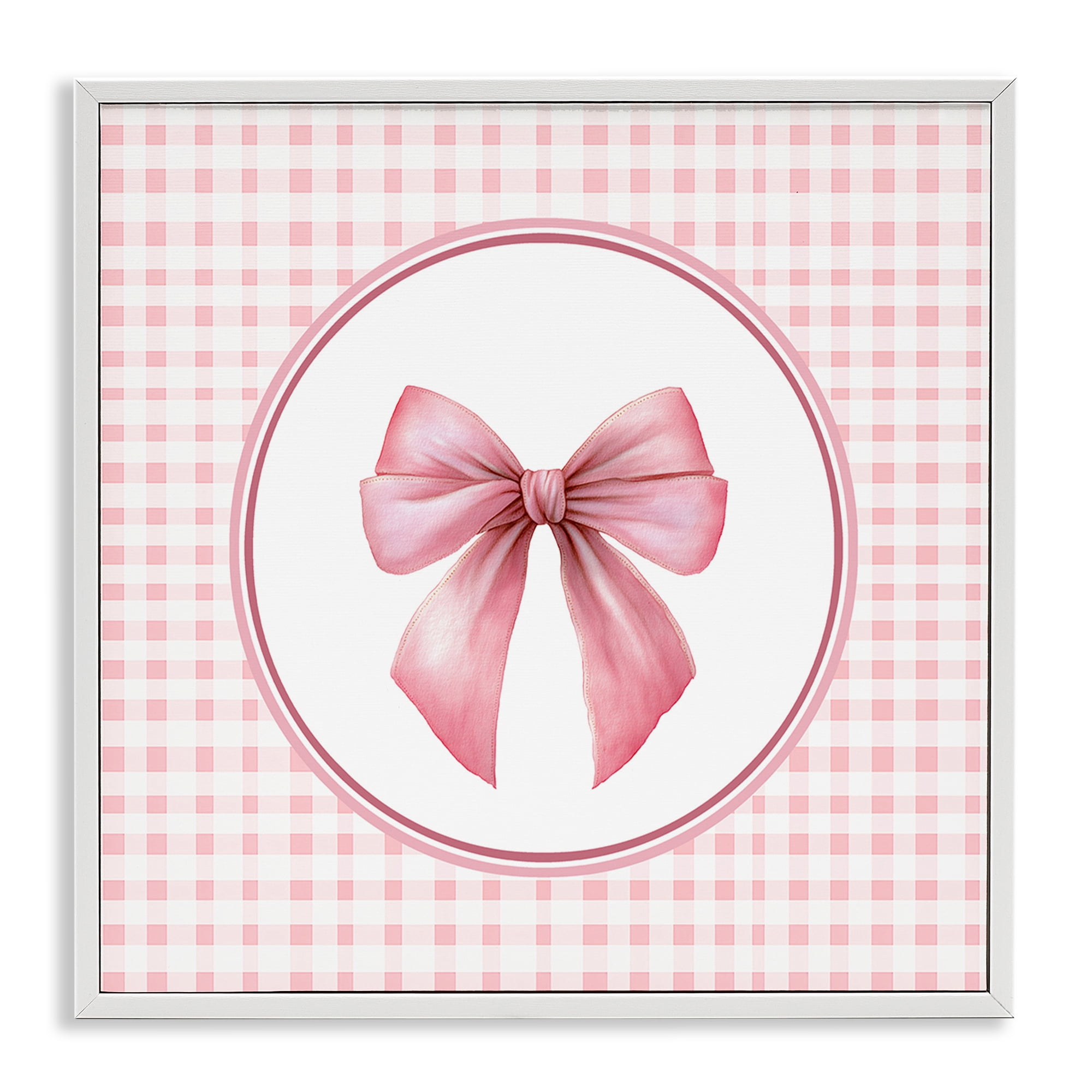 Stupell Industries Pink Bow with Circular Gingham White Framed Giclee Art, design by Christine Simpson Art