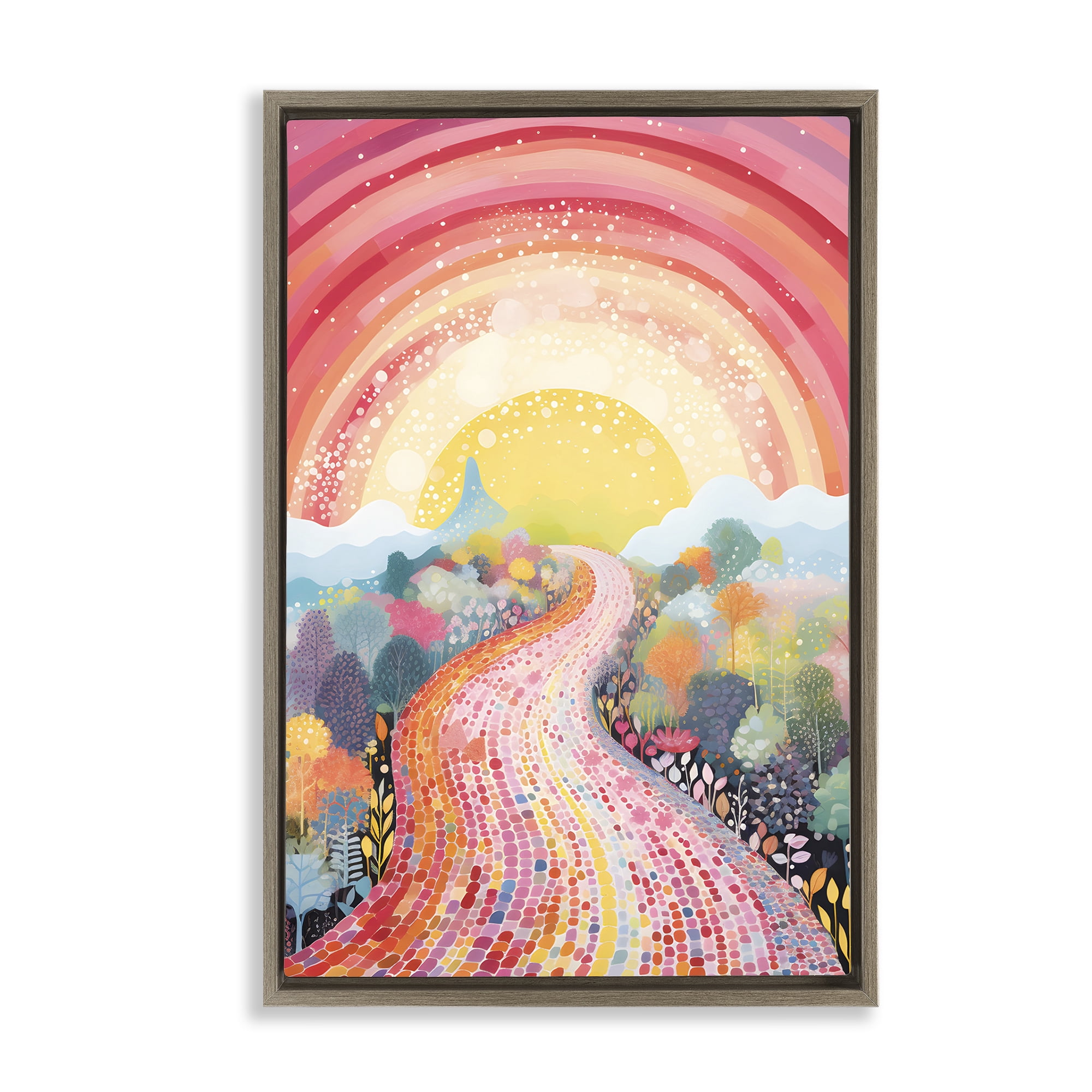 Stupell Industries Pink Brick Road Journey Landscape Painting Brown Floater Framed Art Print Wall Art, 21 x 31