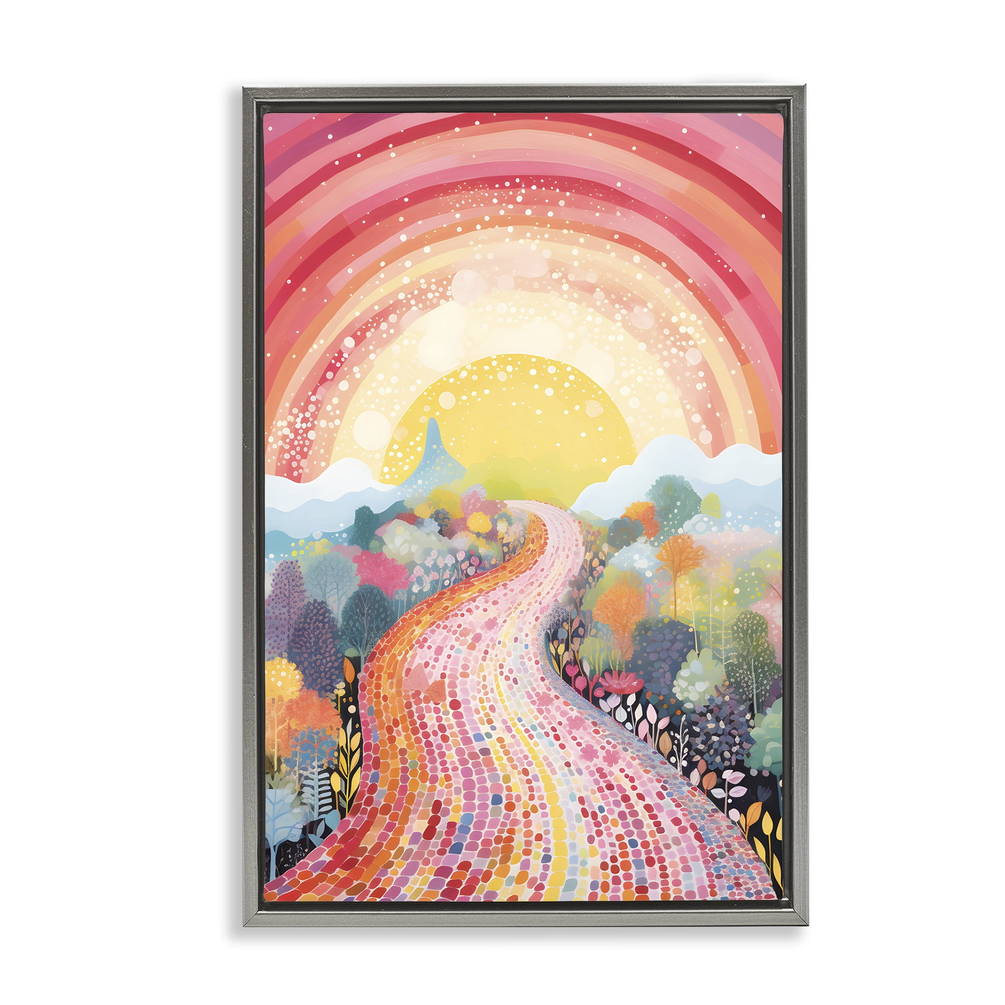 Stupell Industries Pink Brick Road Journey Landscape Painting Gray Floater Framed Art Print Wall Art, 17 x 25