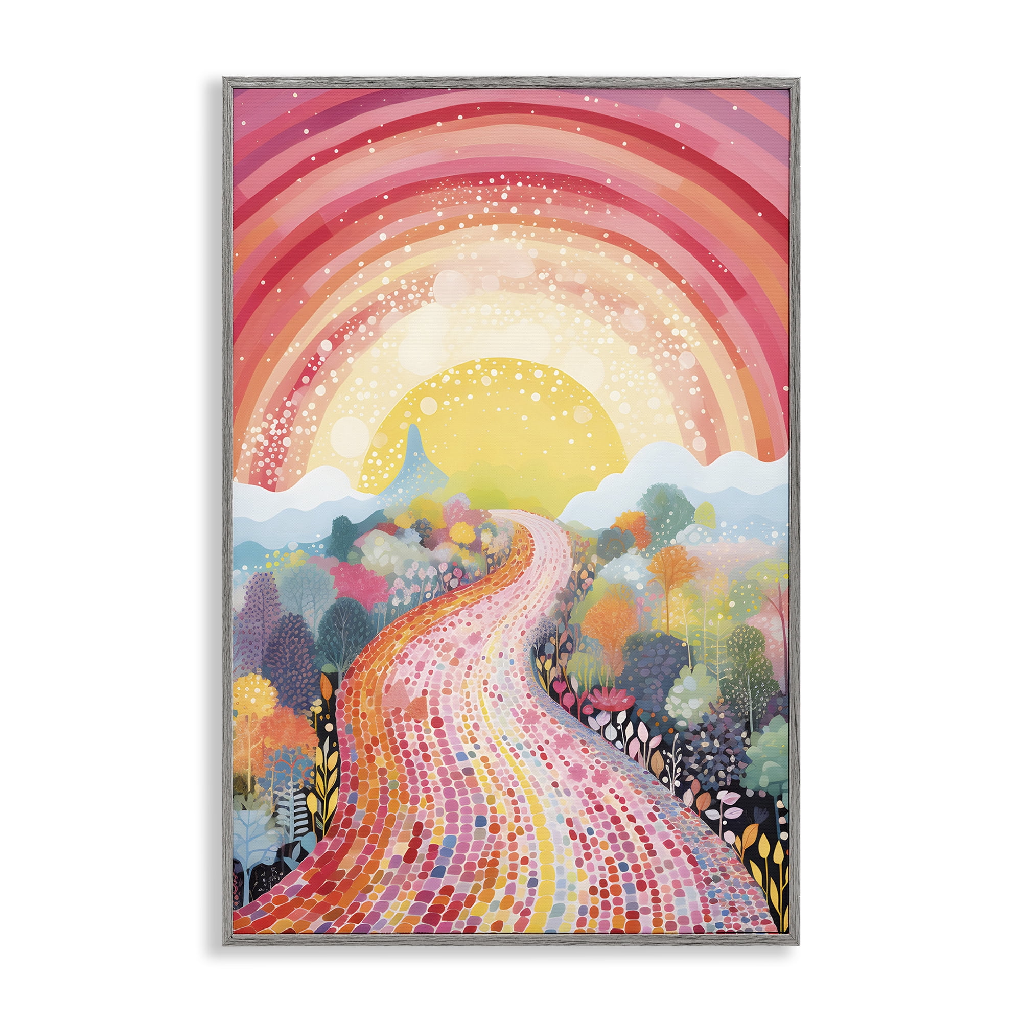 Stupell Industries Pink Brick Road Journey Landscape Painting Gray Framed Art Print Wall Art, 12 x 18