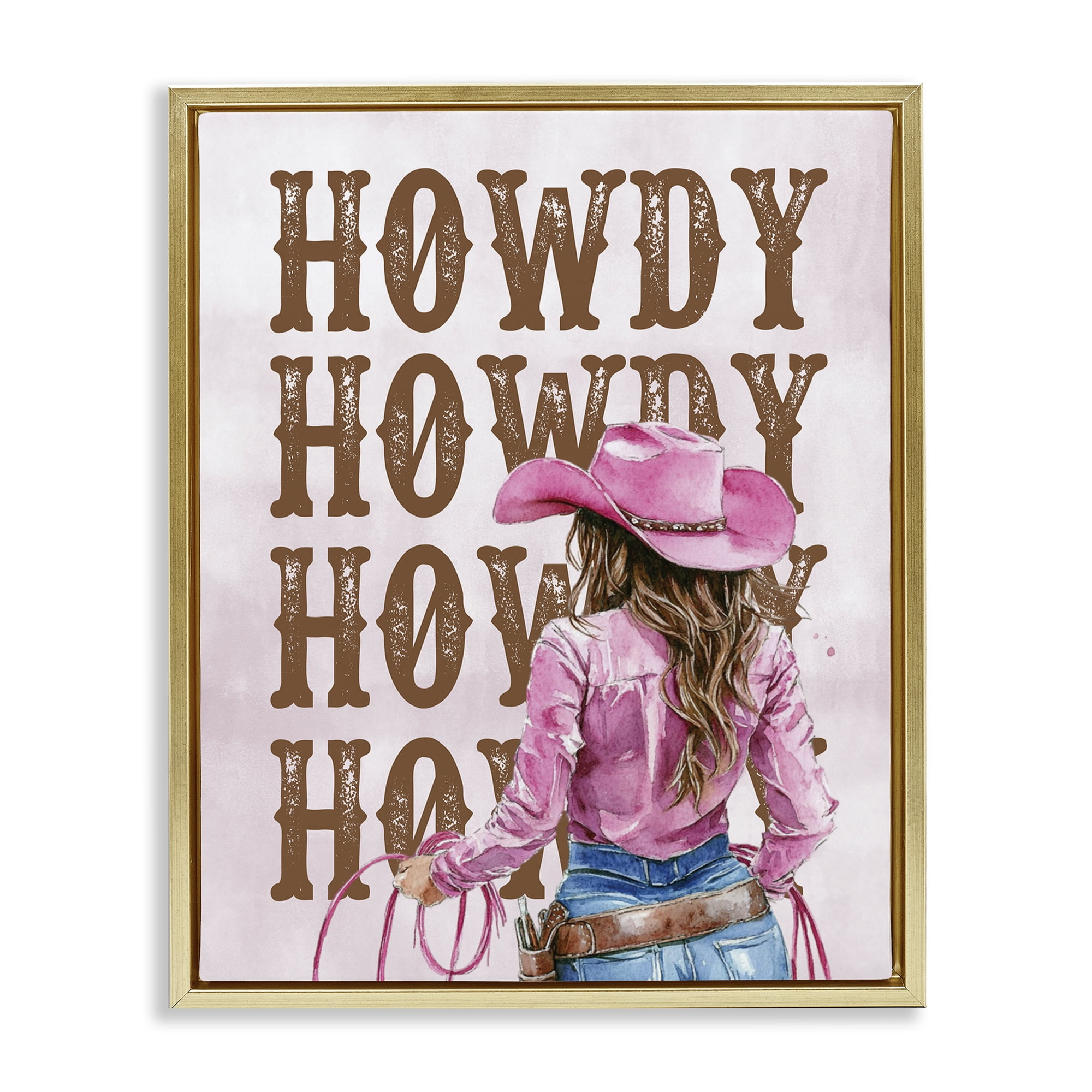 Stupell Industries Pink & Brown Howdy Cowgirl People Painting Gold Floater Framed Canvas Art Print Wall Art, 25 x 31