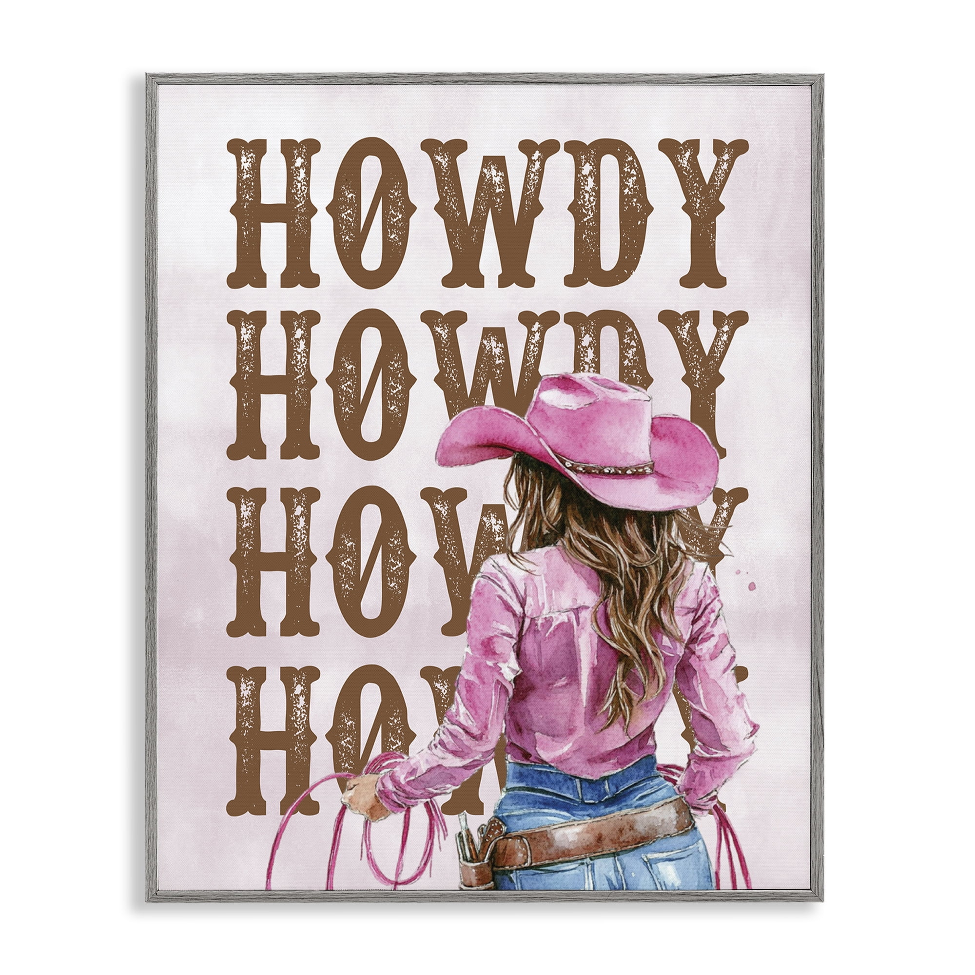 Stupell Industries Pink & Brown Howdy Cowgirl People Painting Gray Framed Art Print Wall Art, 16 x 20