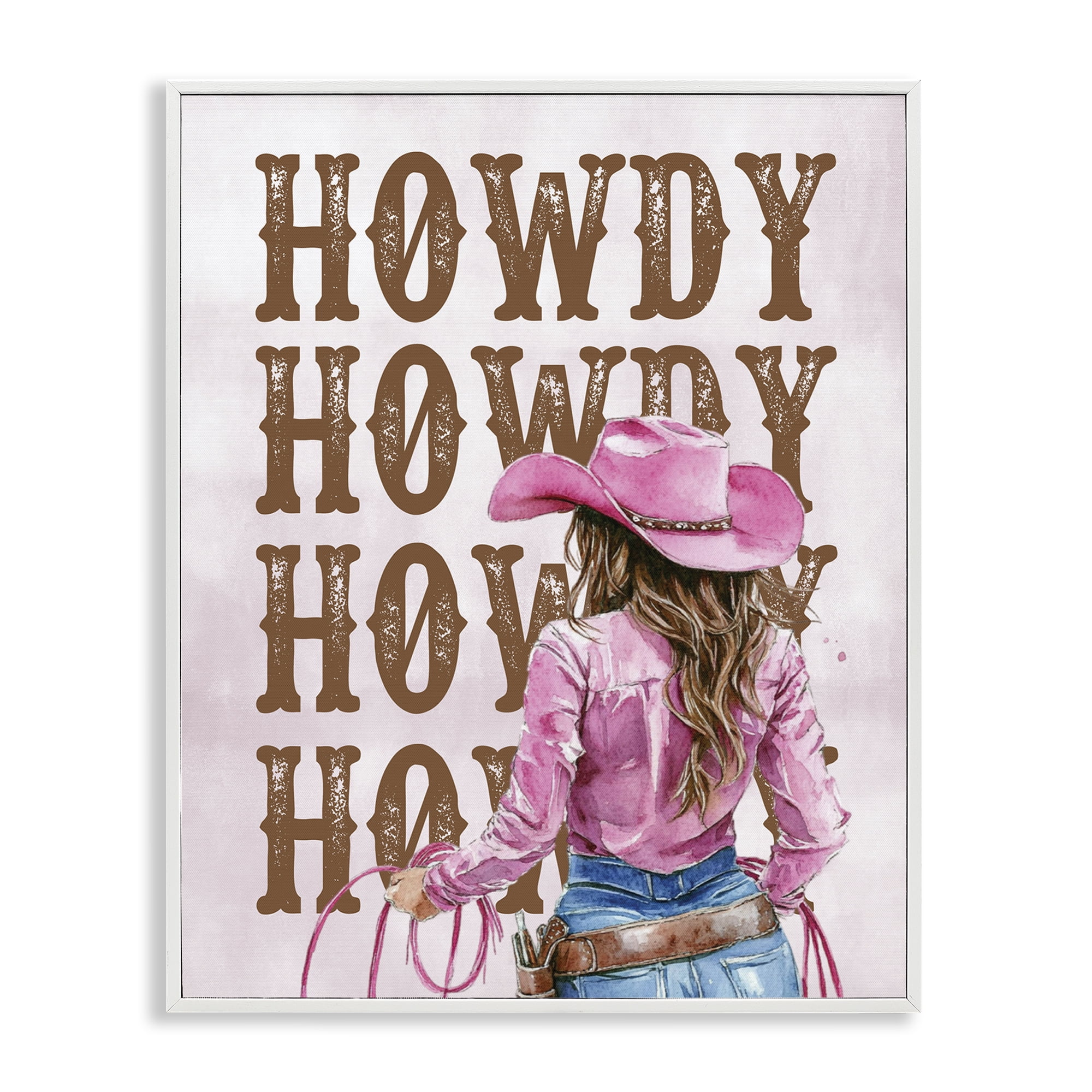 Stupell Industries Pink & Brown Howdy Cowgirl People Painting White Framed Art Print Wall Art, 16 x 20