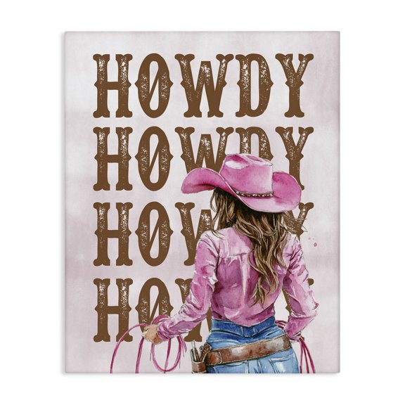 Stupell Industries Pink & Brown Howdy Cowgirl People Painting Wrapped Canvas Art Print Wall Art, 30 x 40