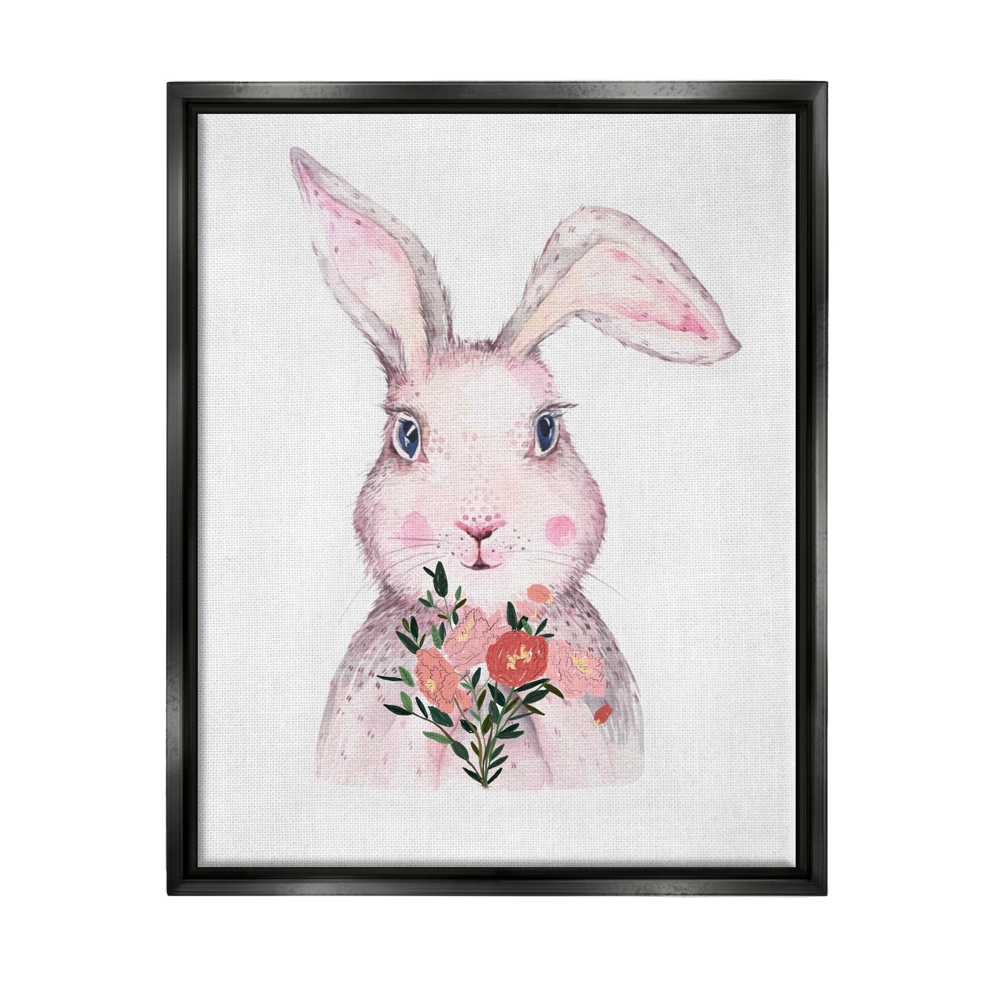 Stupell Industries Pink Bunny & Flowers Animals & Insects Painting Black Floater Framed Canvas Art Print Wall Art, 17 x 21