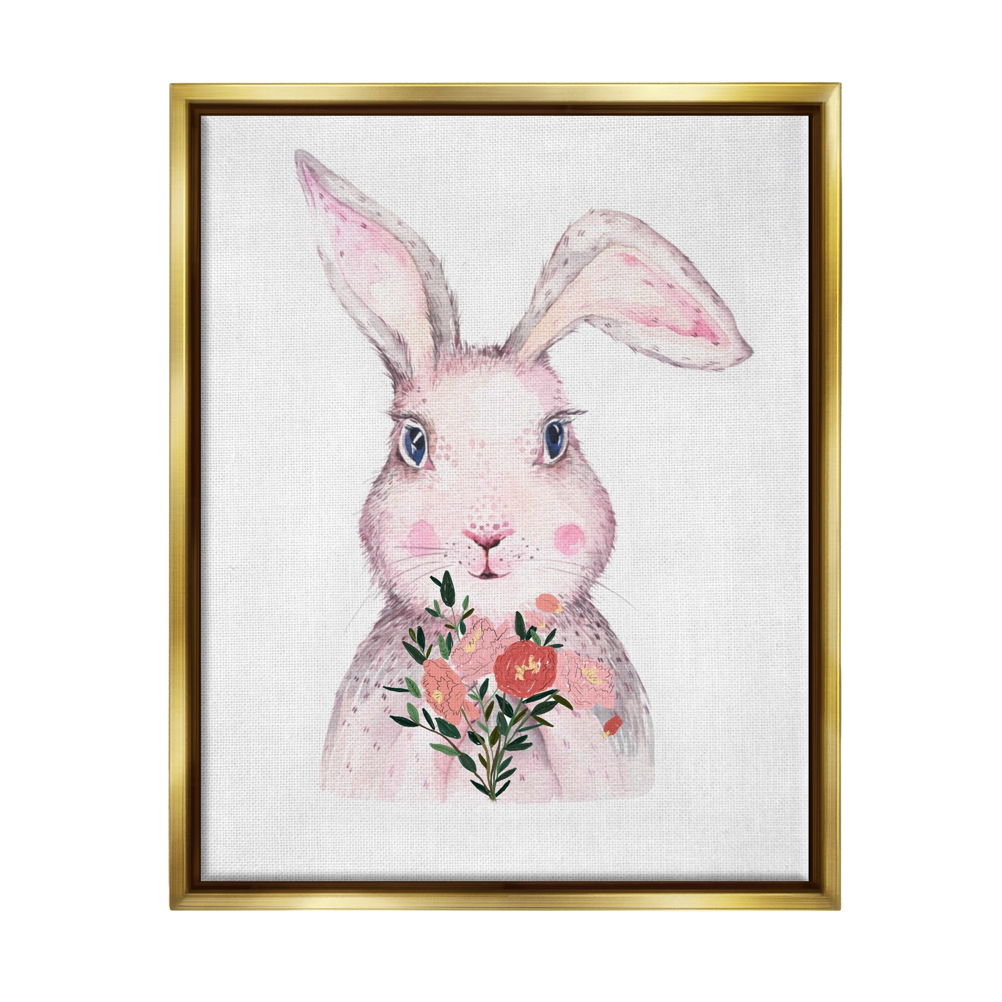 Stupell Industries Pink Bunny & Flowers Animals & Insects Painting Gold Floater Framed Canvas Art Print Wall Art, 17 x 21