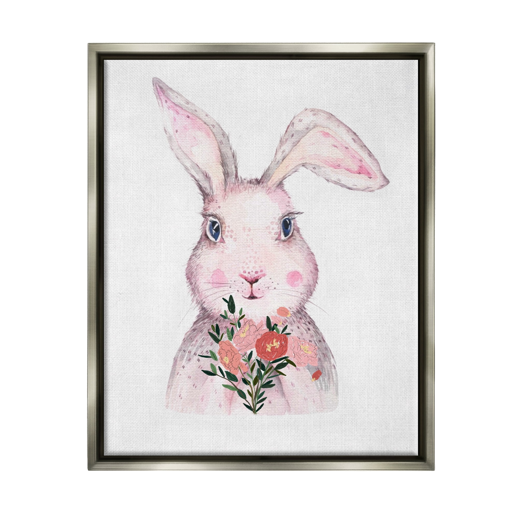Stupell Industries Pink Bunny & Flowers Animals & Insects Painting Gray Floater Framed Canvas Art Print Wall Art, 17 x 21