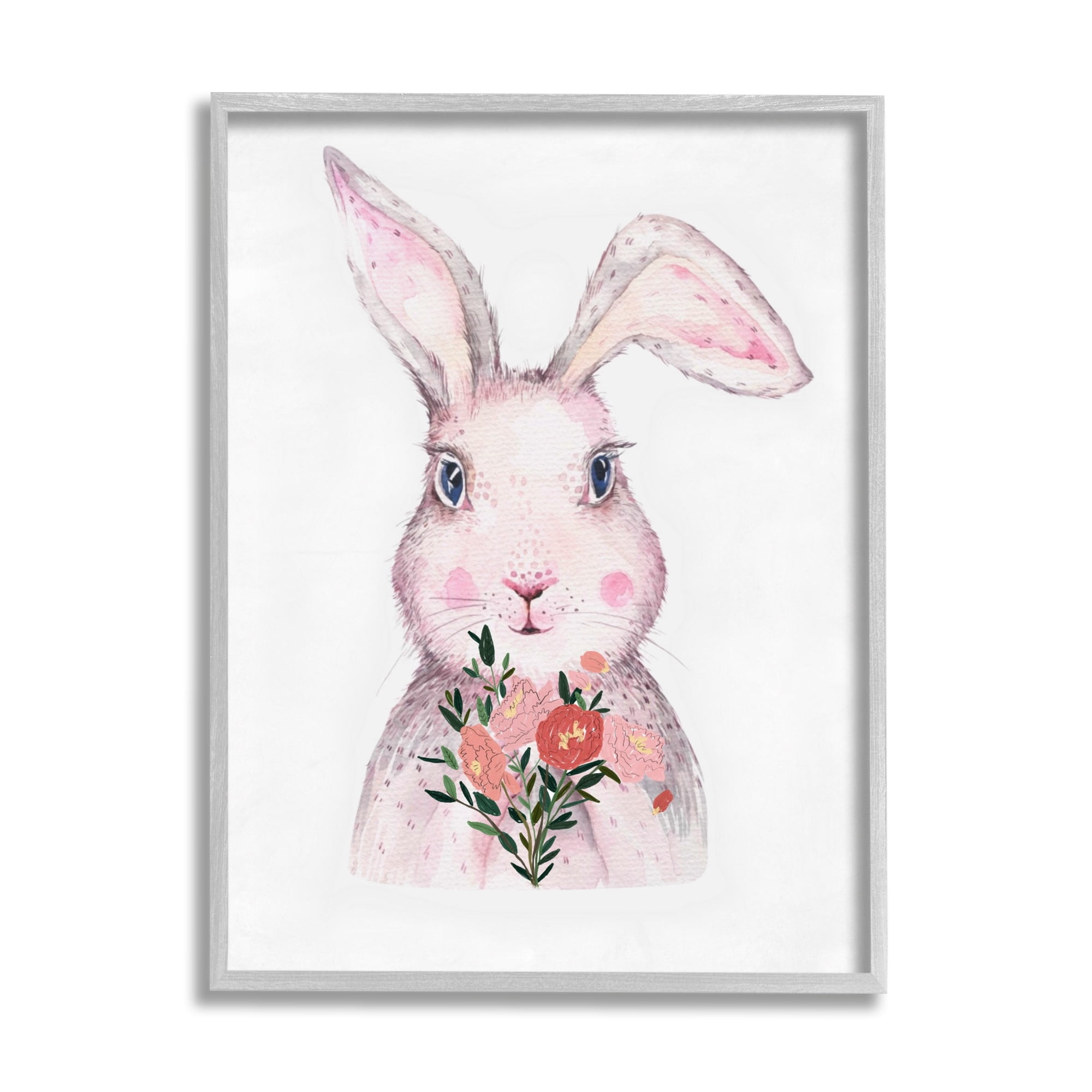 Stupell Industries Pink Bunny & Flowers Animals & Insects Painting Gray Framed Art Print Wall Art, 16 x 20