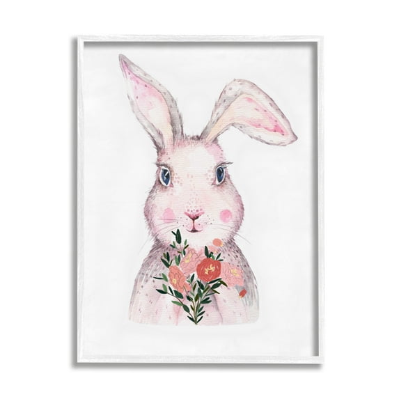 Stupell Industries Pink Bunny & Flowers Animals & Insects Painting White Framed Art Print Wall Art, 16 x 20