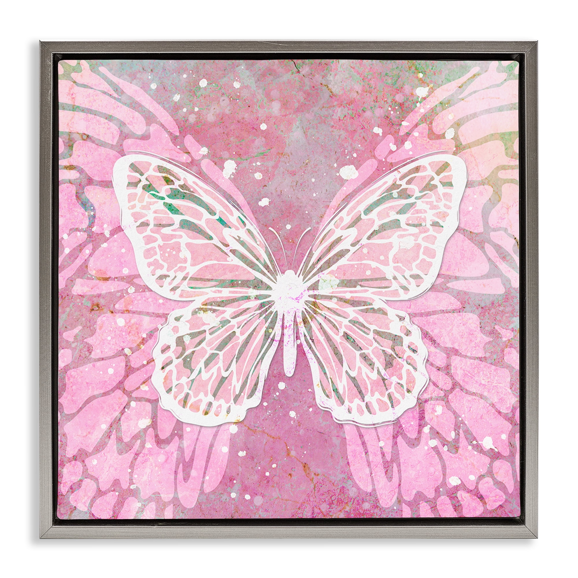 Stupell Industries Pink Butterfly Wings Animals Painting Gray Floater Framed Canvas Art Print Wall Art, 25 x 25