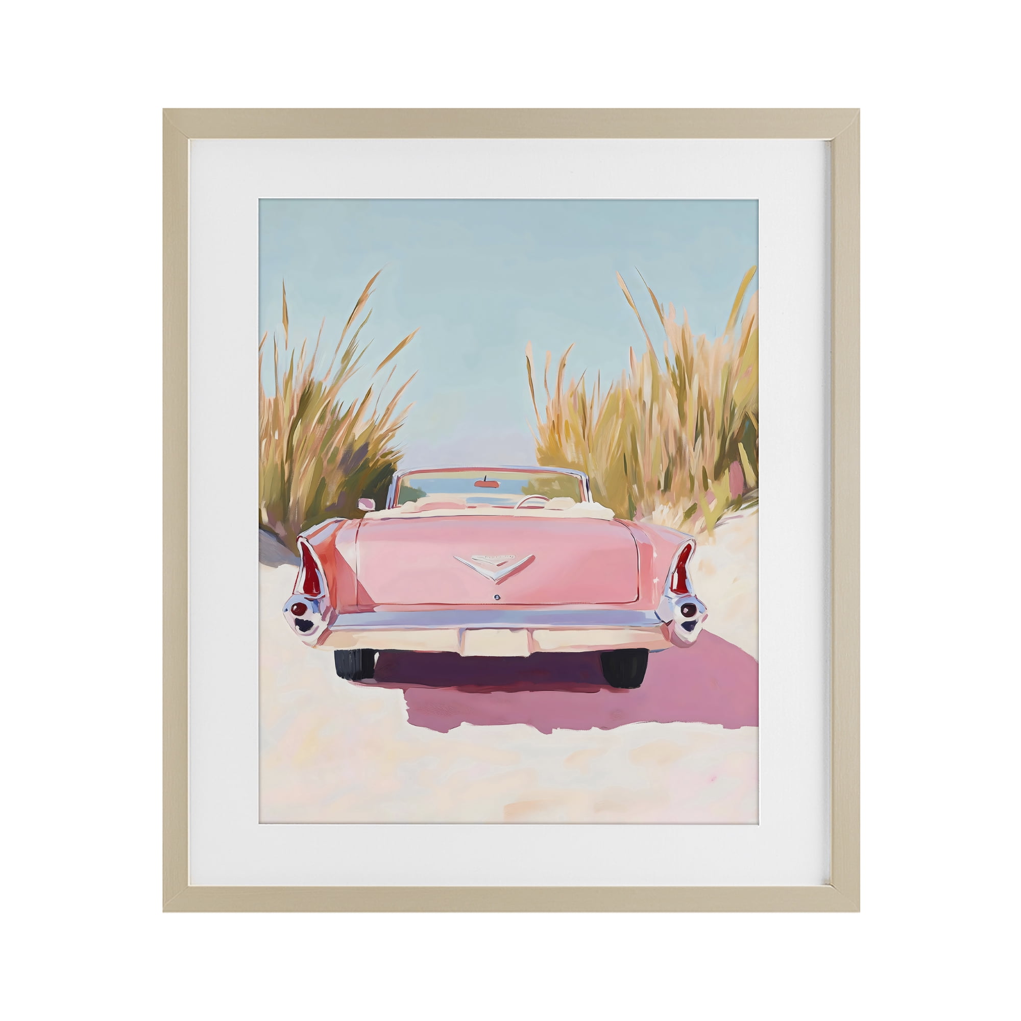Stupell Industries Pink Cadillac on Beach Birch Framed Print Under Glass, design by The Prints Vibe