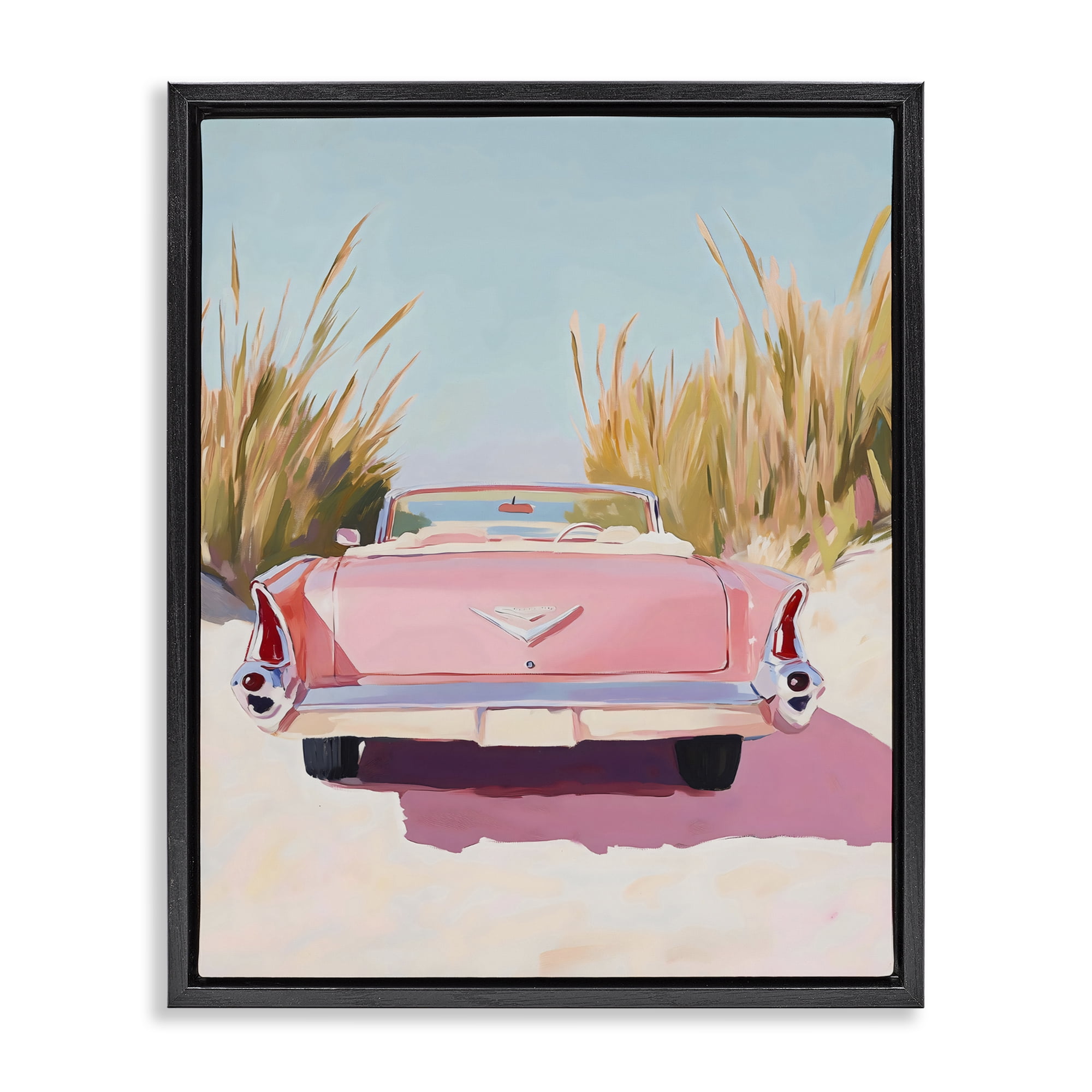 Stupell Industries Pink Cadillac on Beach Black Framed Floater Canvas Wall Art, design by The Prints Vibe