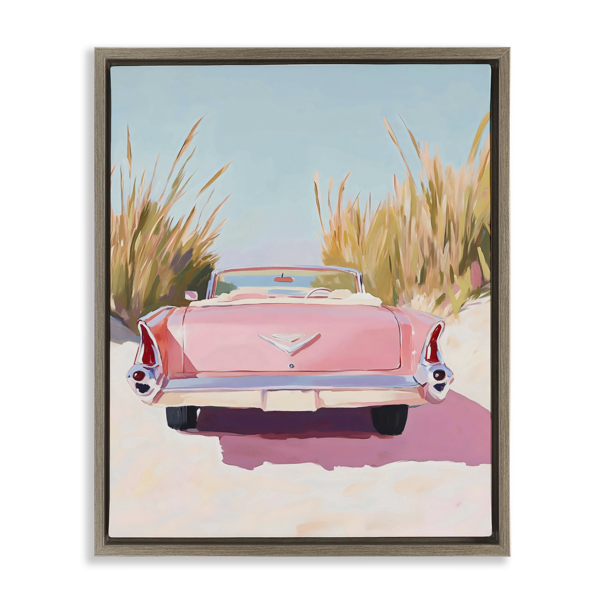 Stupell Industries Pink Cadillac on Beach Brown Framed Floater Canvas Wall Art, design by The Prints Vibe
