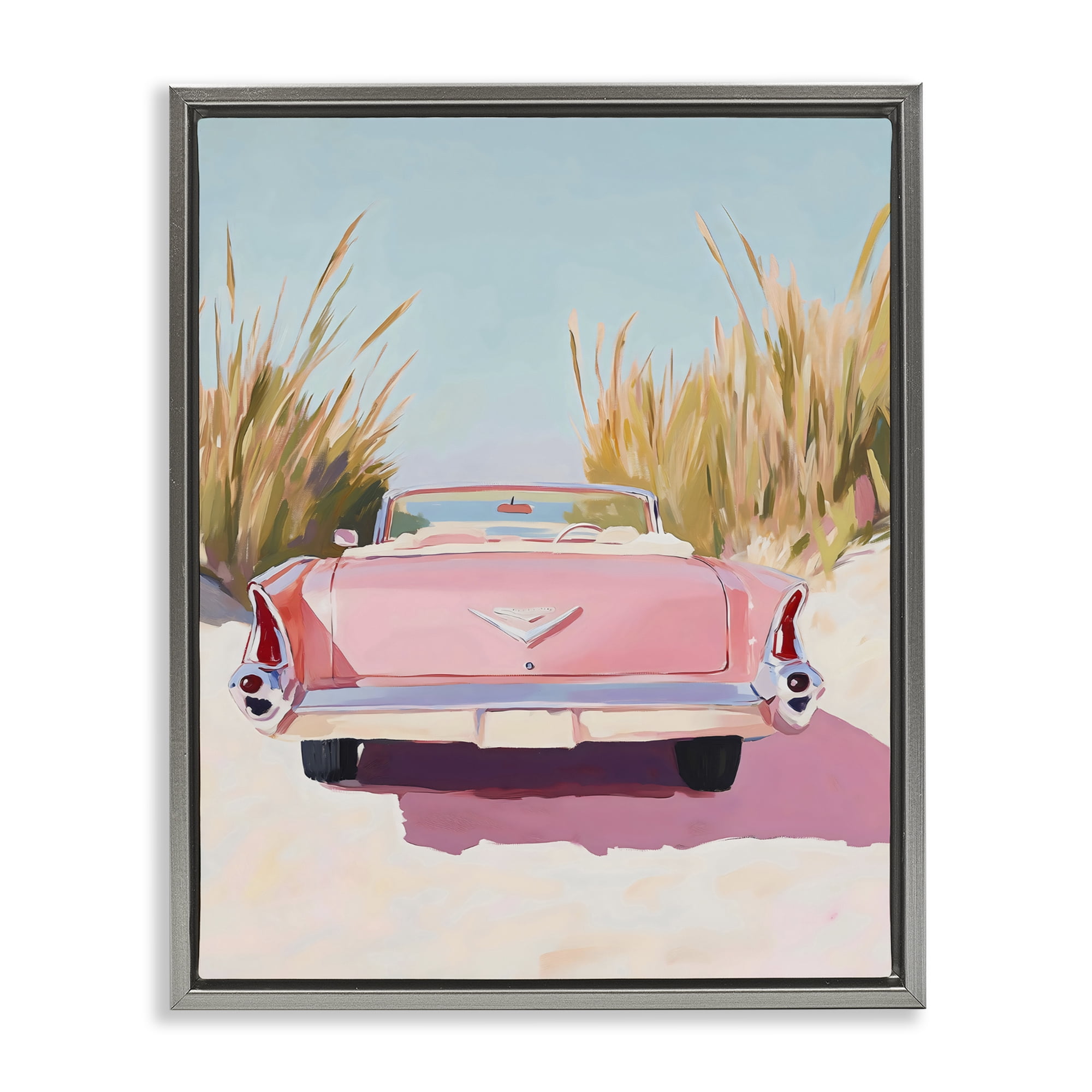 Stupell Industries Pink Cadillac on Beach Gray Framed Floater Canvas Wall Art, design by The Prints Vibe