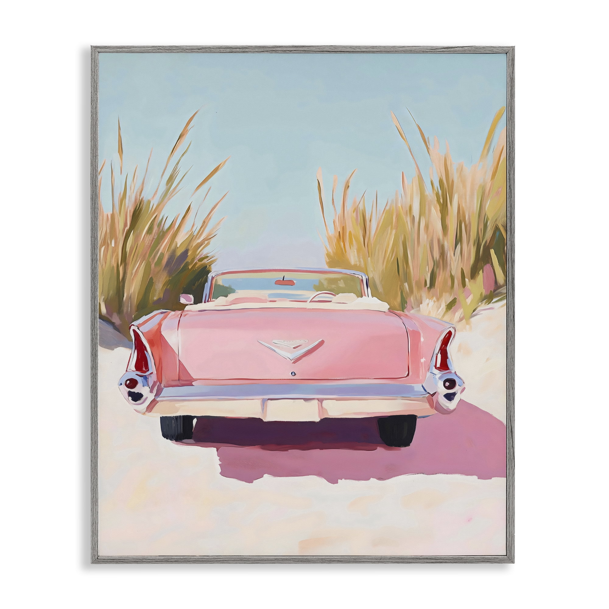 Stupell Industries Pink Cadillac on Beach Gray Framed Giclee Art, design by The Prints Vibe