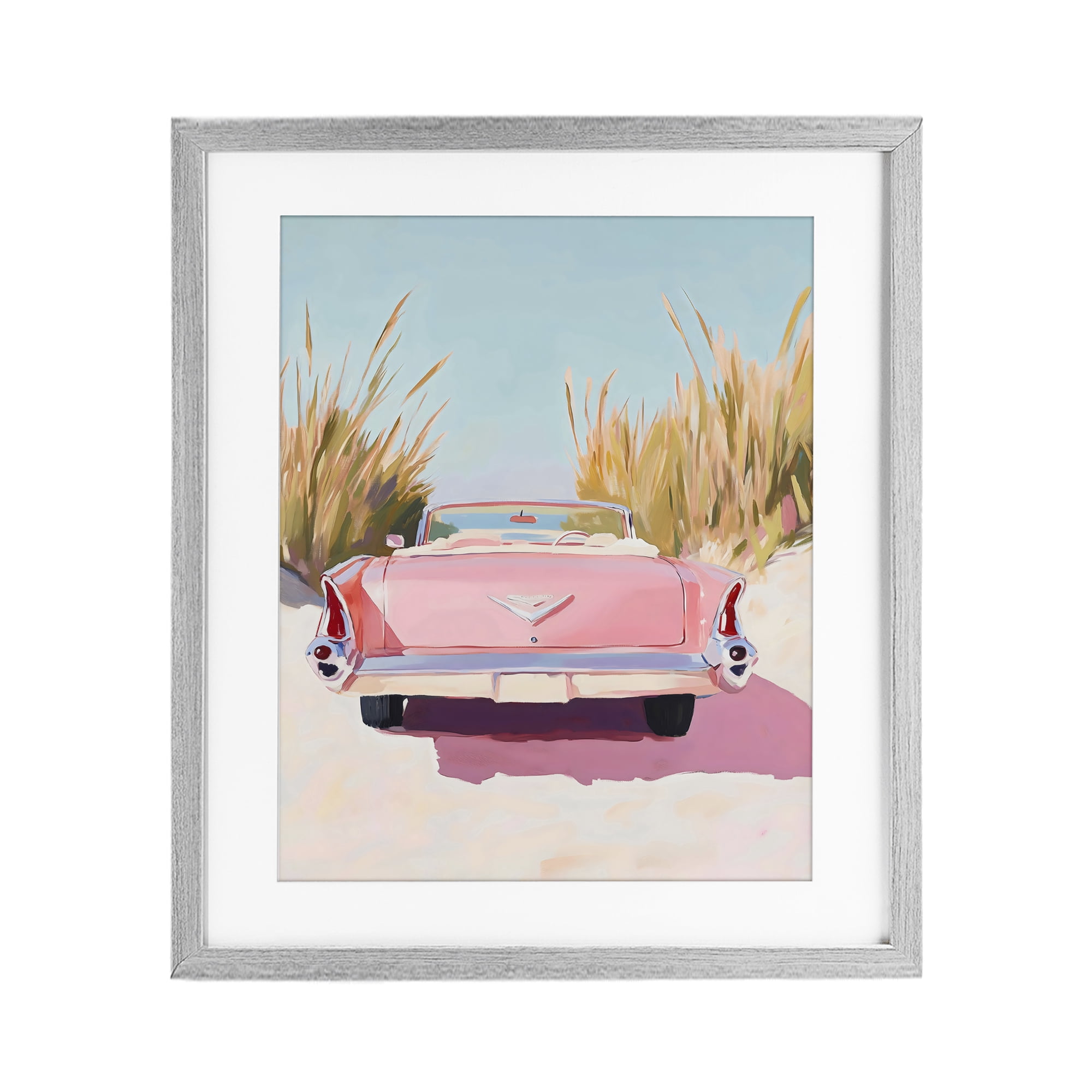 Stupell Industries Pink Cadillac on Beach Gray Framed Print Under Glass, design by The Prints Vibe