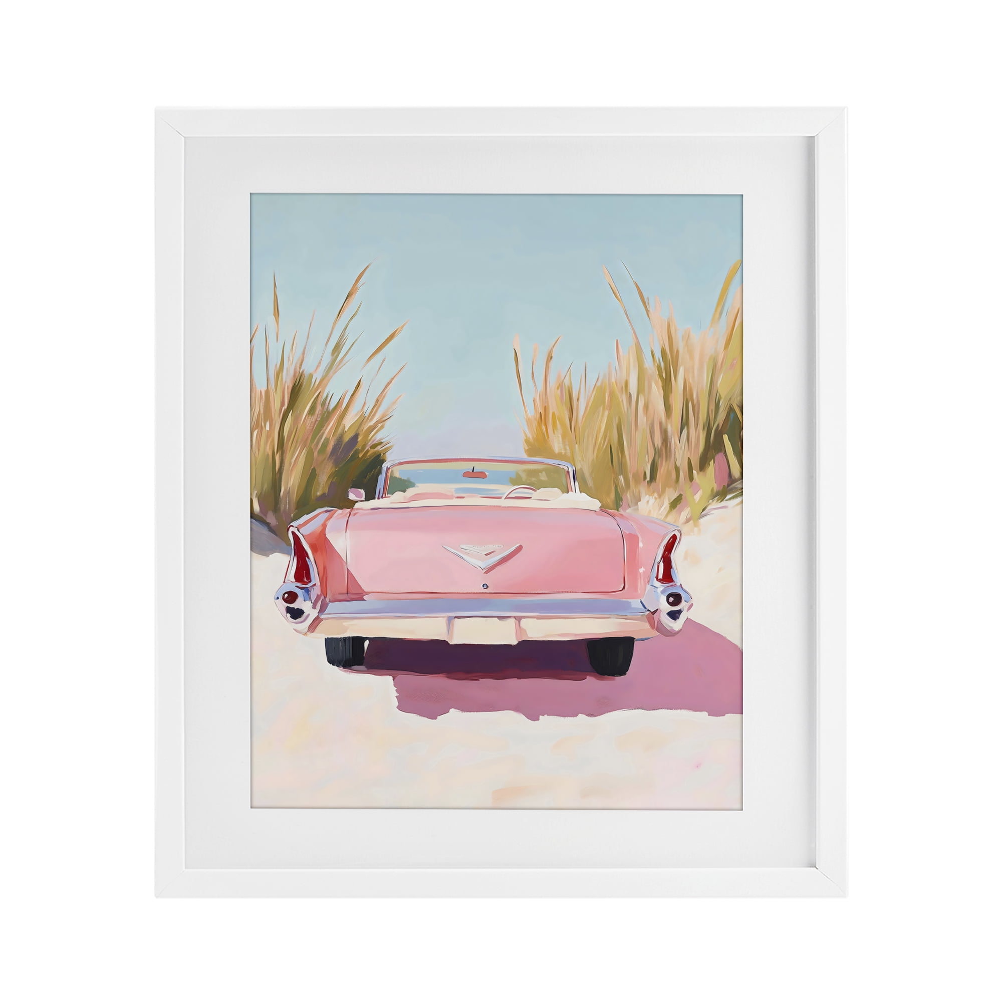 Stupell Industries Pink Cadillac on Beach White Framed Print Under Glass, design by The Prints Vibe