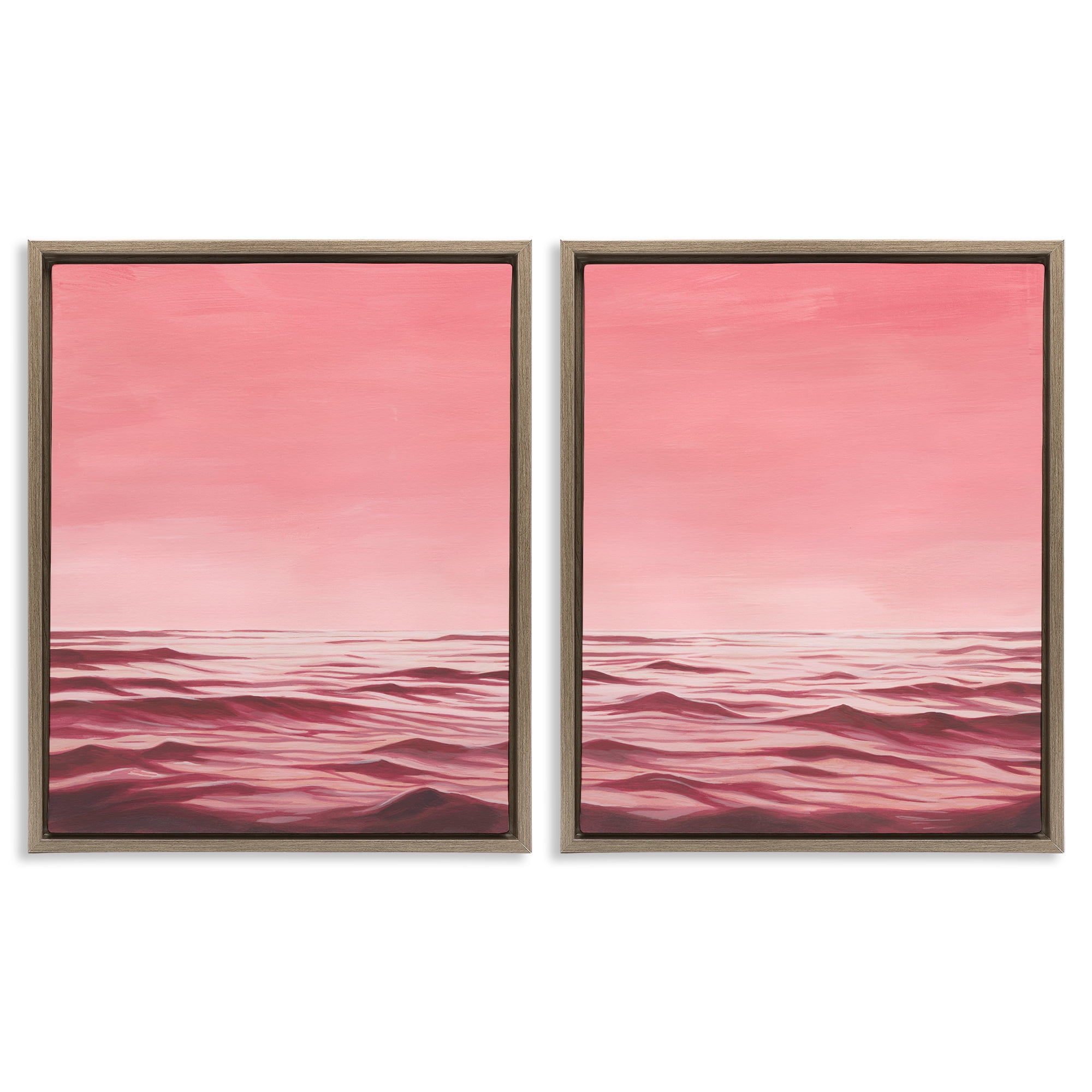 Stupell Industries Pink Calm Seascape Nautical & Beach Painting Brown Floater Framed Canvas Art Print Wall Art, 31 x 25, Set of 2