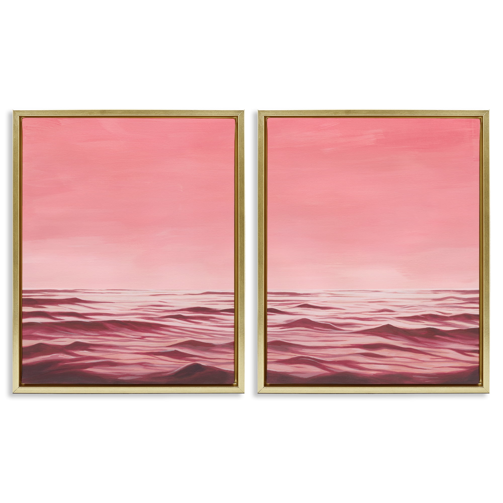 Stupell Industries Pink Calm Seascape Nautical & Beach Painting Gold Floater Framed Canvas Art Print Wall Art, 17 x 21, Set of 2