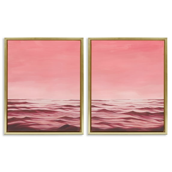 Stupell Industries Pink Calm Seascape Nautical & Beach Painting Gold Floater Framed Canvas Art Print Wall Art, 17 x 21, Set of 2