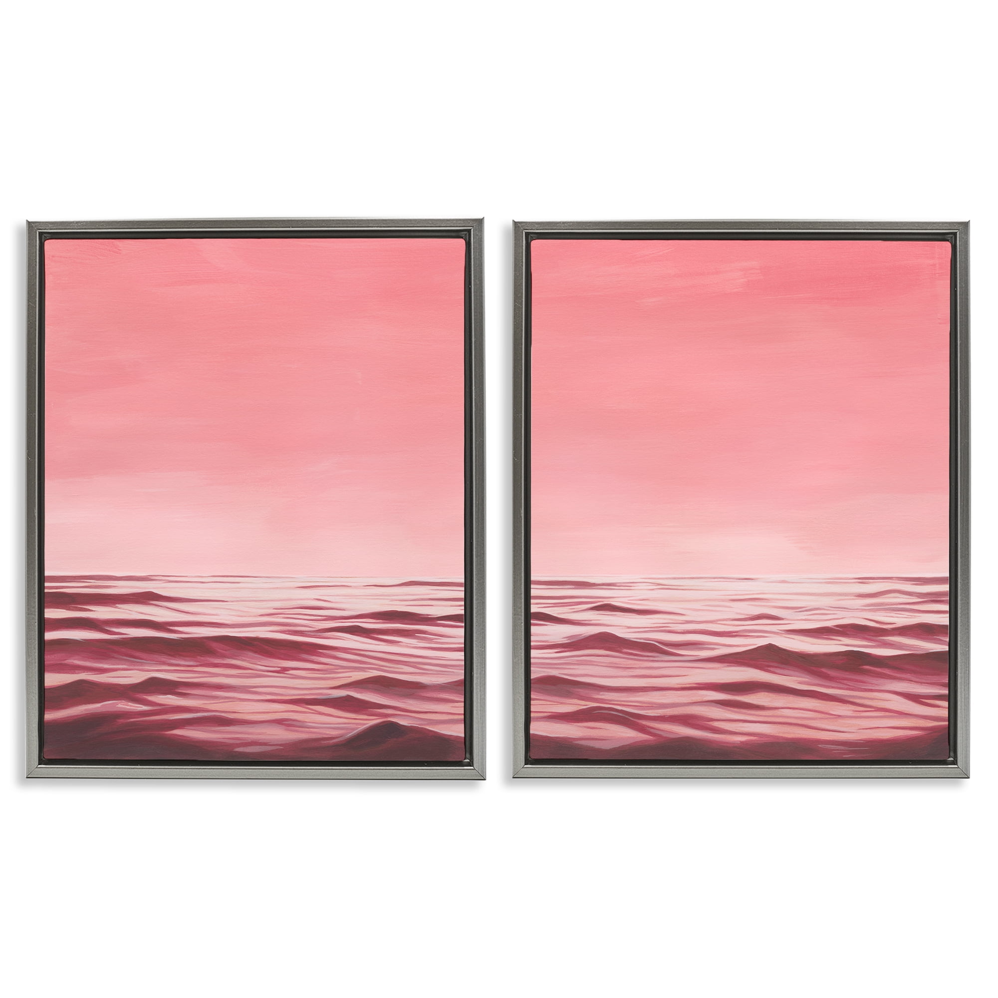 Stupell Industries Pink Calm Seascape Nautical & Beach Painting Gray Floater Framed Canvas Art Print Wall Art, 17 x 21, Set of 2