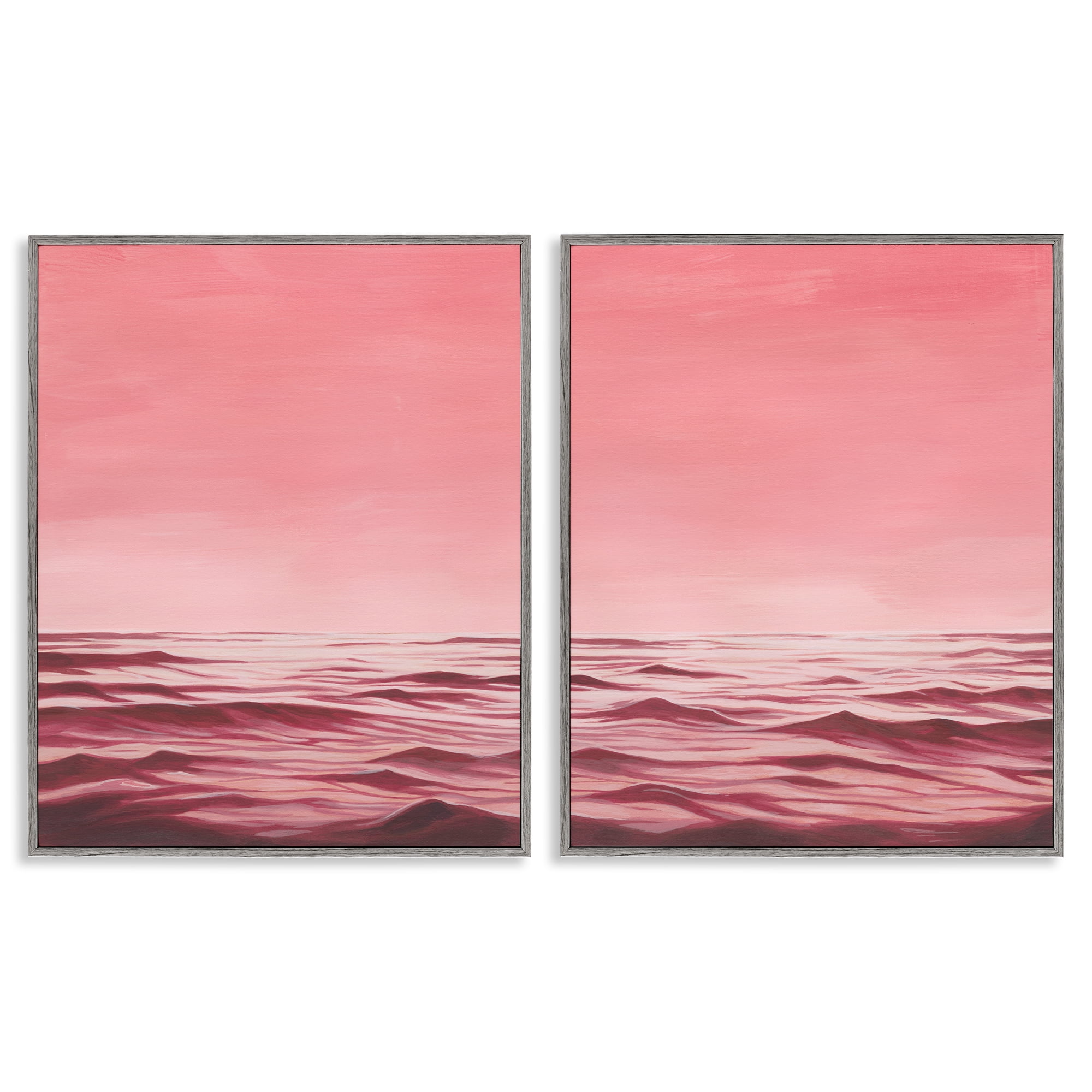 Stupell Industries Pink Calm Seascape Nautical & Beach Painting Gray Framed Art Print Wall Art, 11 x 14, Set of 2