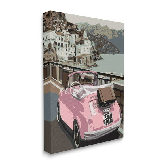 Stupell Industries Pink Car Cliffside Town on Waterfront Road,16 x 20,Designed by Kamdon Kreations