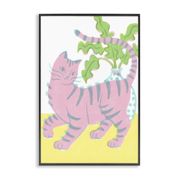 Stupell Industries Pink Cat & House Plant Animals Painting Black Framed Art Print Wall Art, 12 x 18