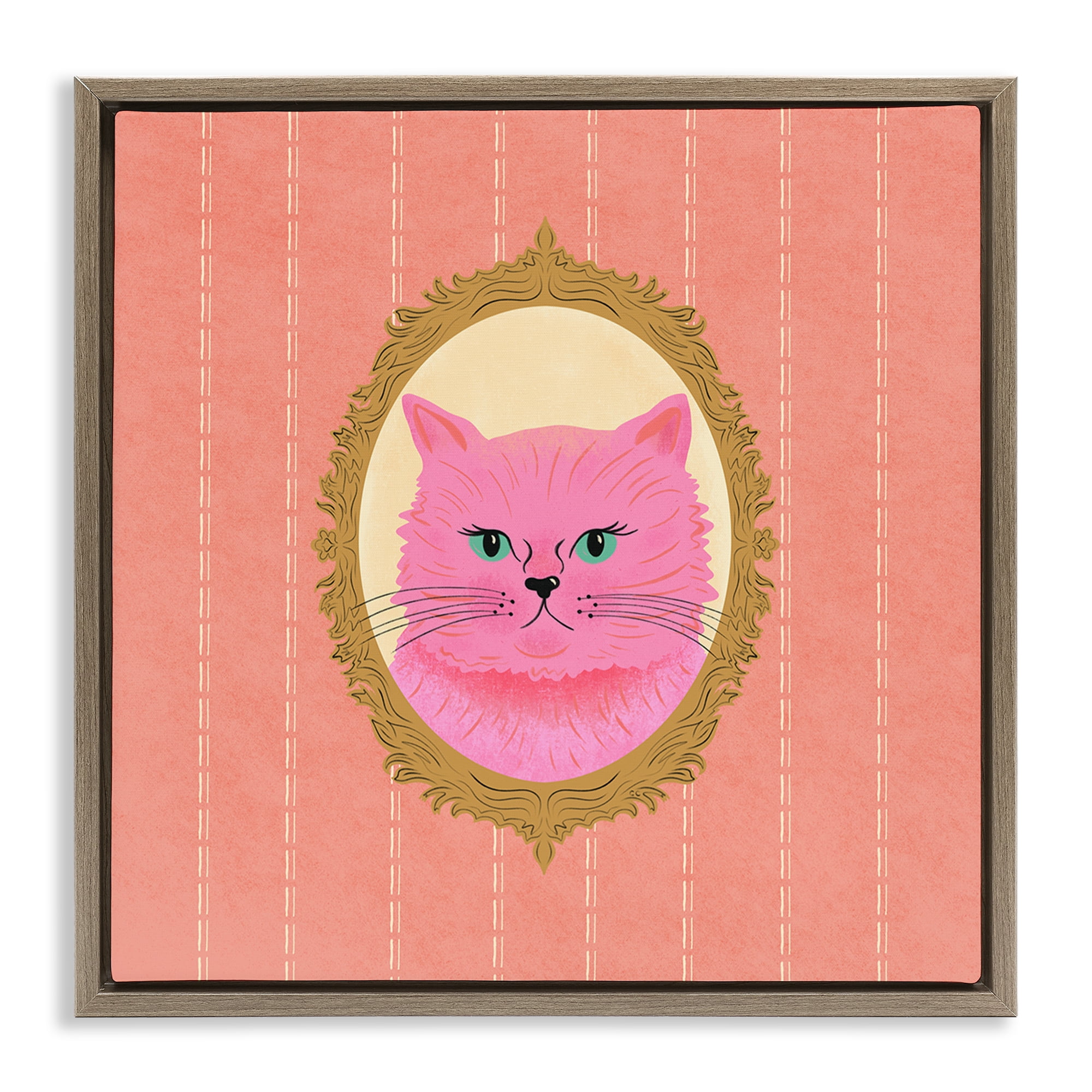 Stupell Industries Pink Cat Portrait Animals Painting Brown Floater Framed Canvas Art Print Wall Art, 18 x 18
