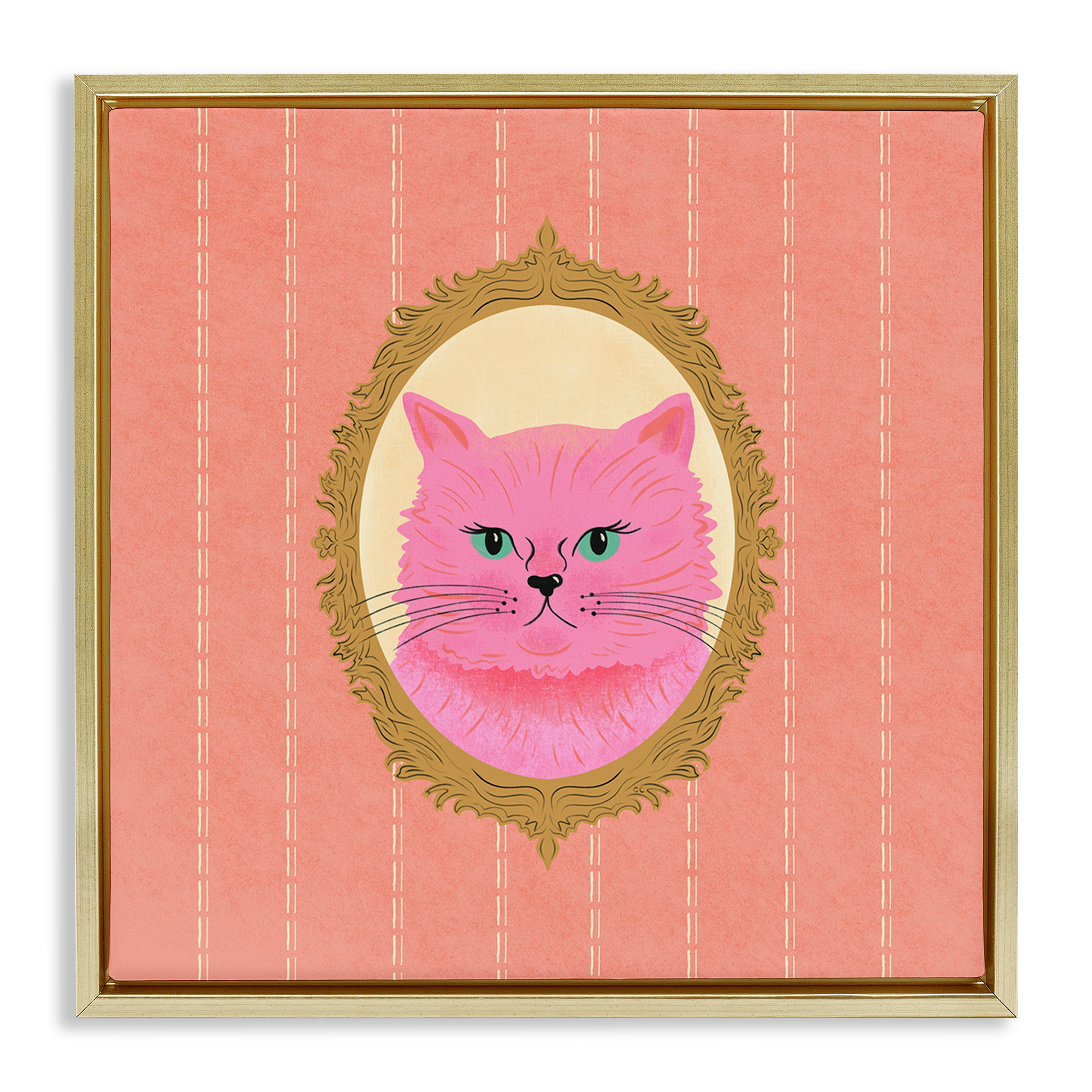 Stupell Industries Pink Cat Portrait Animals Painting Gold Floater Framed Canvas Art Print Wall Art, 18 x 18