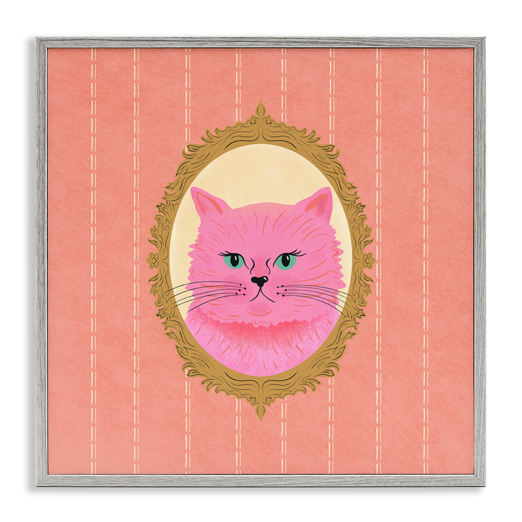 Stupell Industries Pink Cat Portrait Animals Painting Gray Framed Art Print Wall Art, 12 x 12