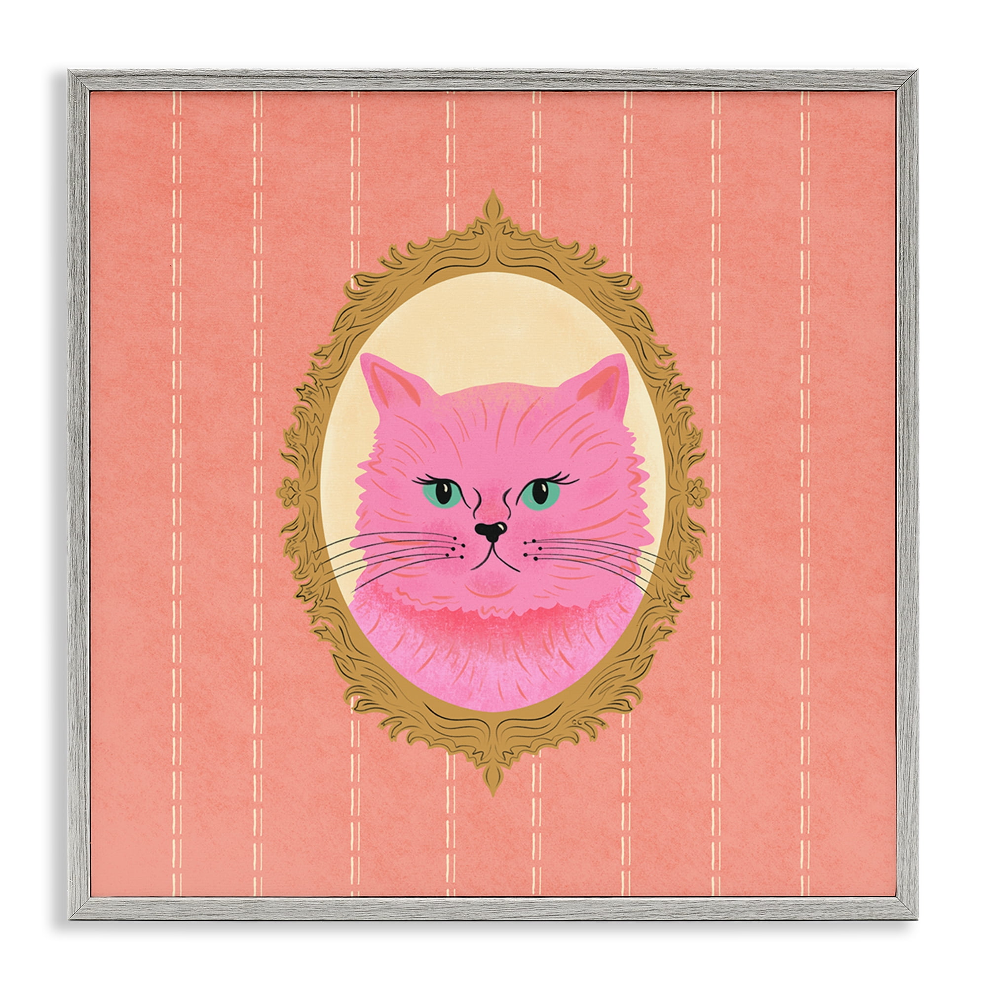 Stupell Industries Pink Cat Portrait Animals Painting Gray Framed Art Print Wall Art, 24 x 24