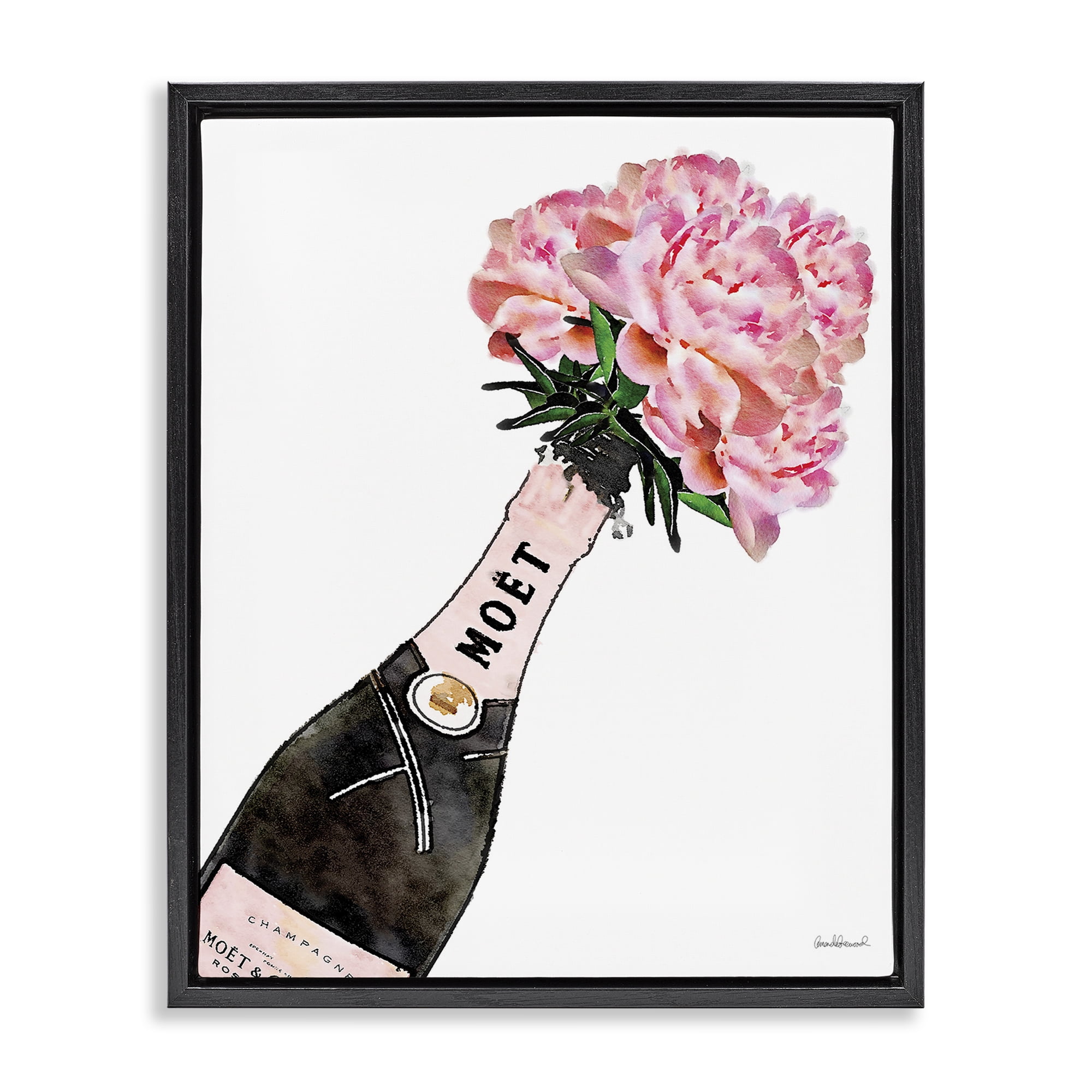 Stupell Industries Pink Champagne Bouquet Botanical & Floral Painting Black Floater Framed Art Print Wall Art, 17 x 21