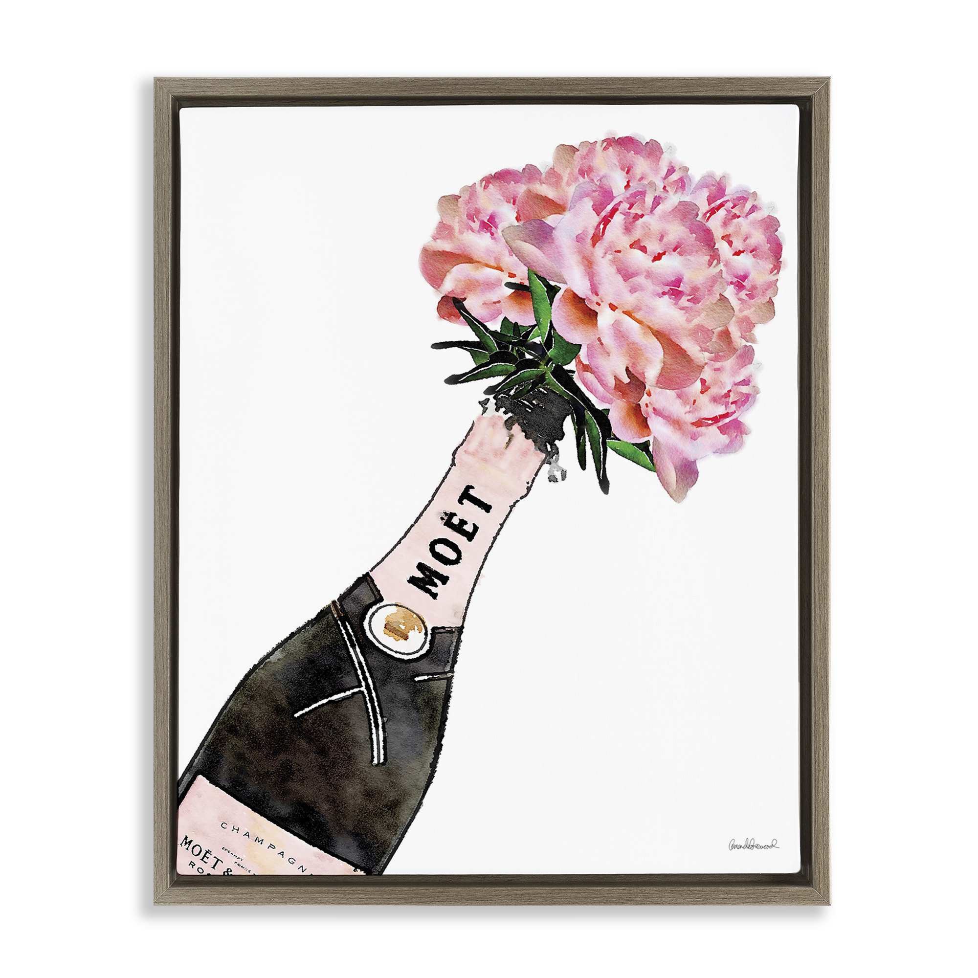 Stupell Industries Pink Champagne Bouquet Botanical & Floral Painting Brown Floater Framed Art Print Wall Art, 25 x 31