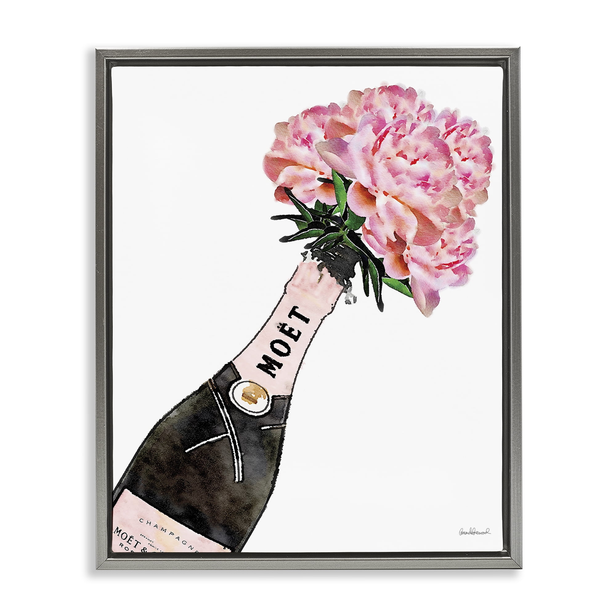 Stupell Industries Pink Champagne Bouquet Botanical & Floral Painting Gray Floater Framed Art Print Wall Art, 25 x 31