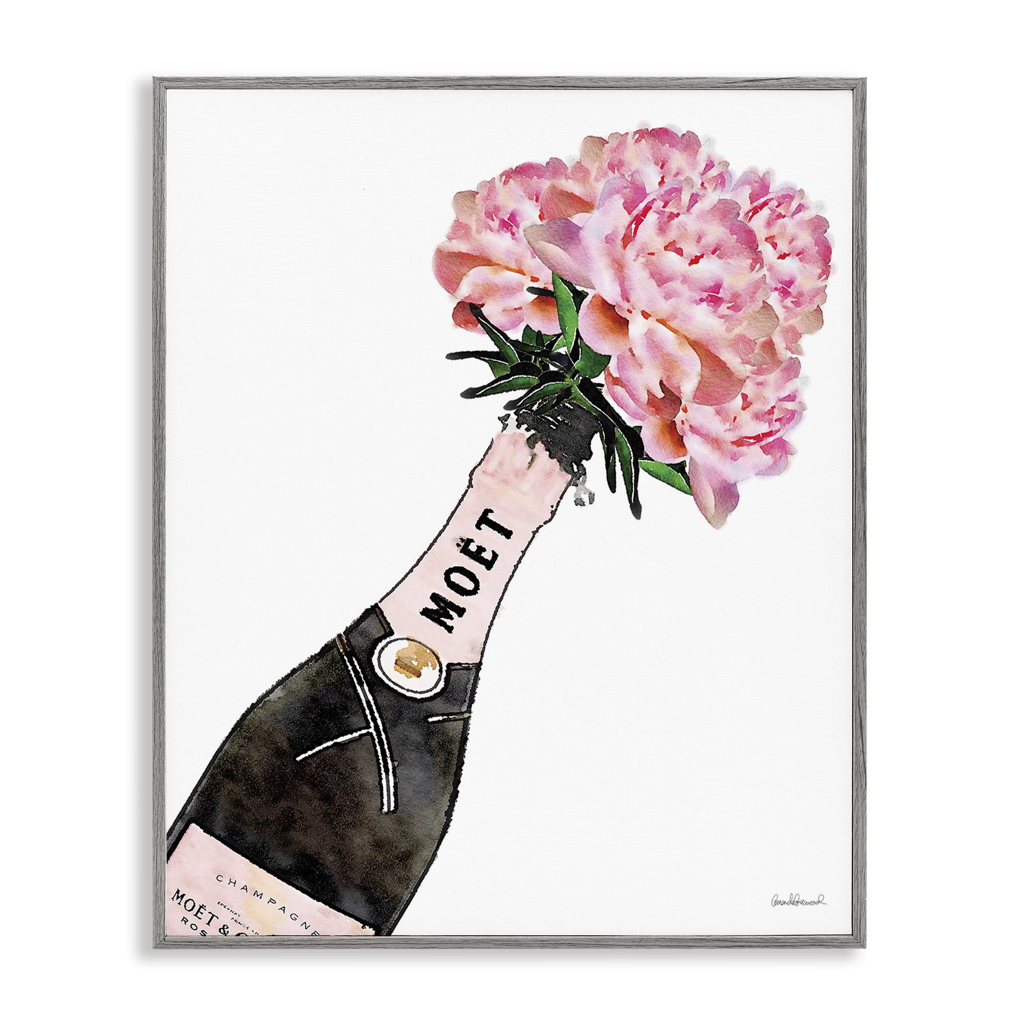 Stupell Industries Pink Champagne Bouquet Botanical & Floral Painting Gray Framed Art Print Wall Art, 16 x 20