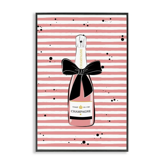 Stupell Industries Pink Champagne on Stripes Food & Beverage Painting Black Framed Art Print Wall Art, 12 x 18