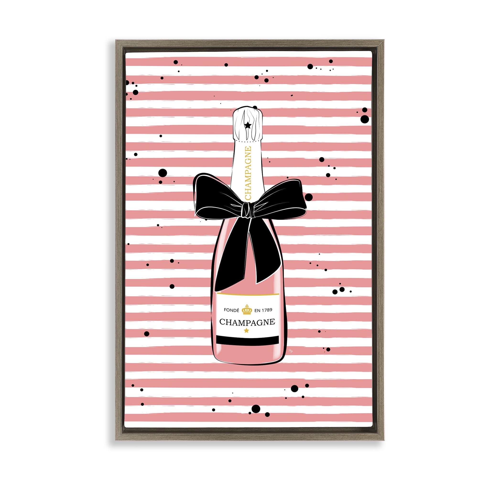 Stupell Industries Pink Champagne on Stripes Food & Beverage Painting Brown Floater Framed Art Print Wall Art, 17 x 25
