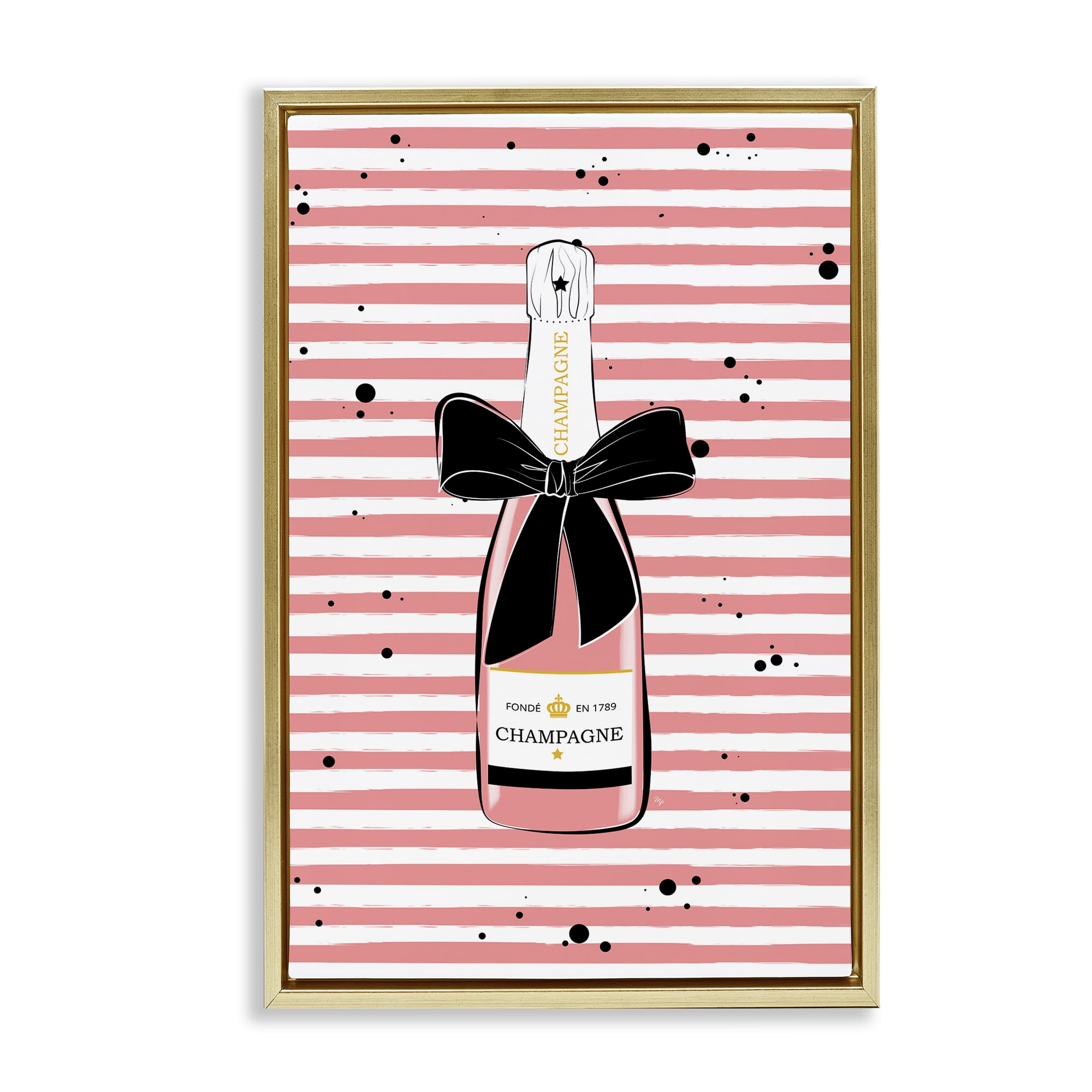 Stupell Industries Pink Champagne on Stripes Food & Beverage Painting Gold Floater Framed Art Print Wall Art, 17 x 25