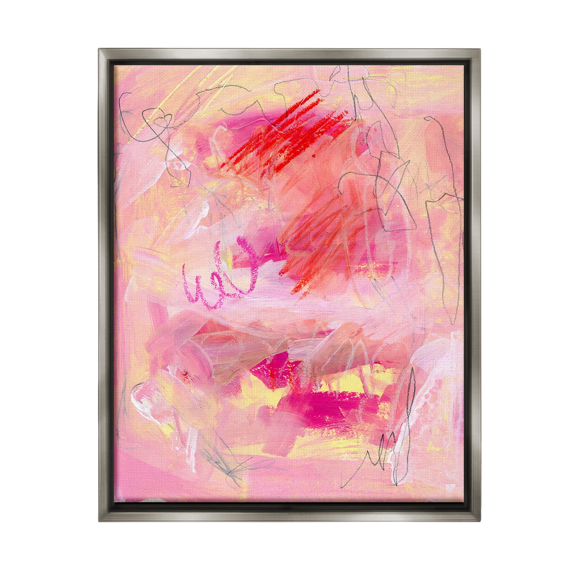 Stupell Industries Pink Chaotic Scribble Abstract Painting Gray Floater Framed Canvas Art Print Wall Art, 17 x 21