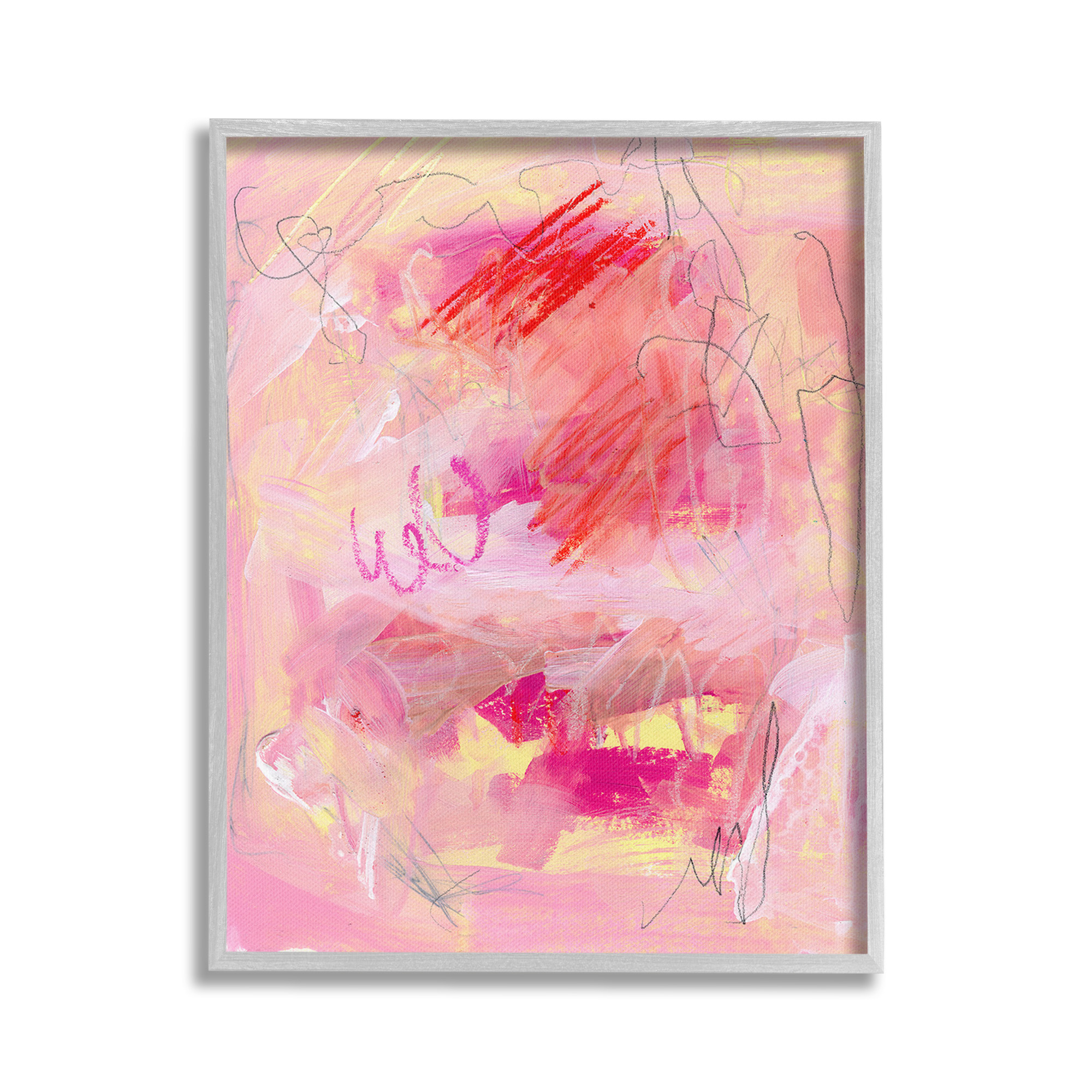 Stupell Industries Pink Chaotic Scribble Abstract Painting Gray Framed Art Print Wall Art, 16 x 20